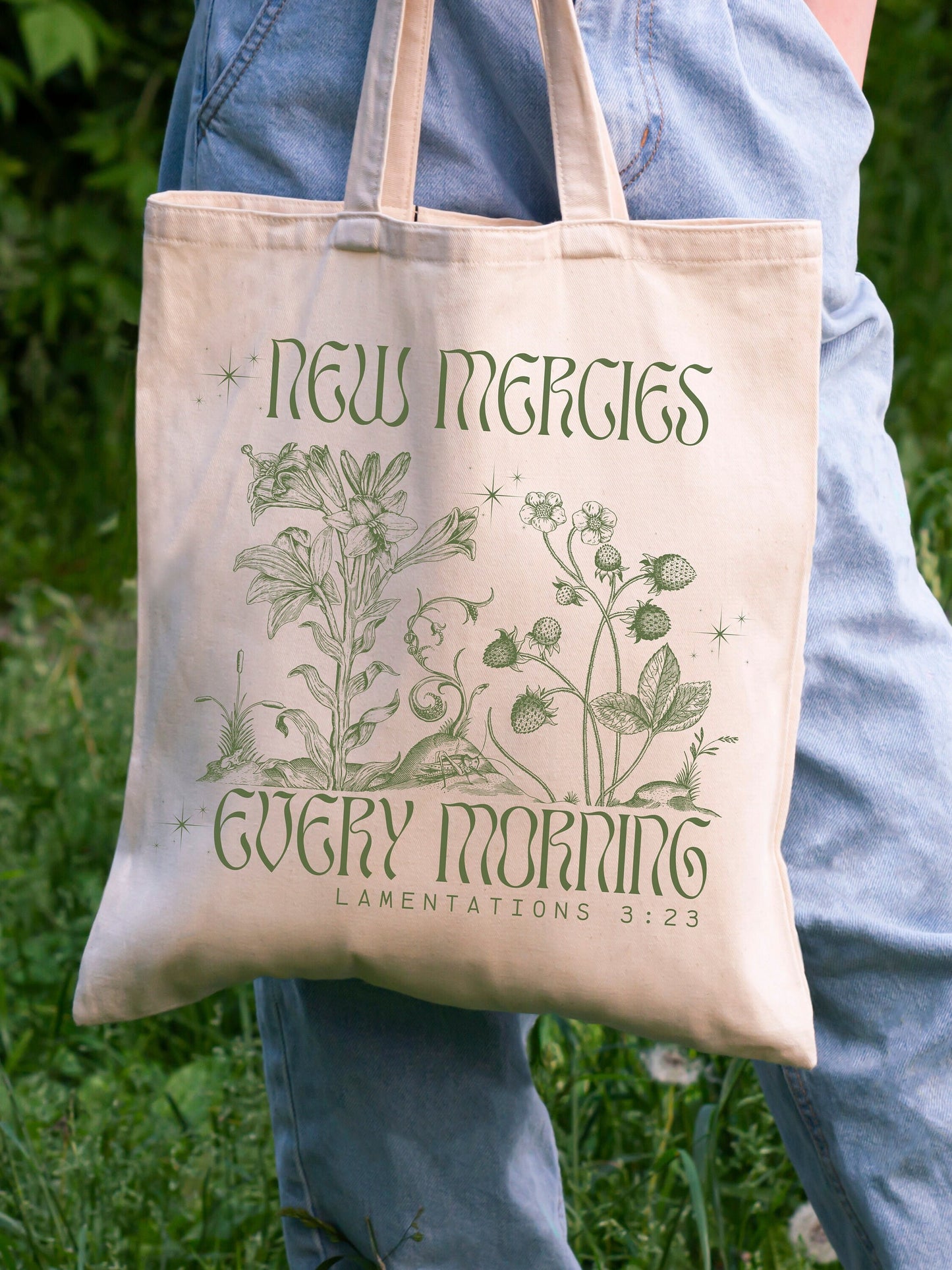 Christian Tote Bag with Bible Script - Unique Book Bag, Canvas Shopping Tote, Birthday Gift for Her, New Mercies Every Morning