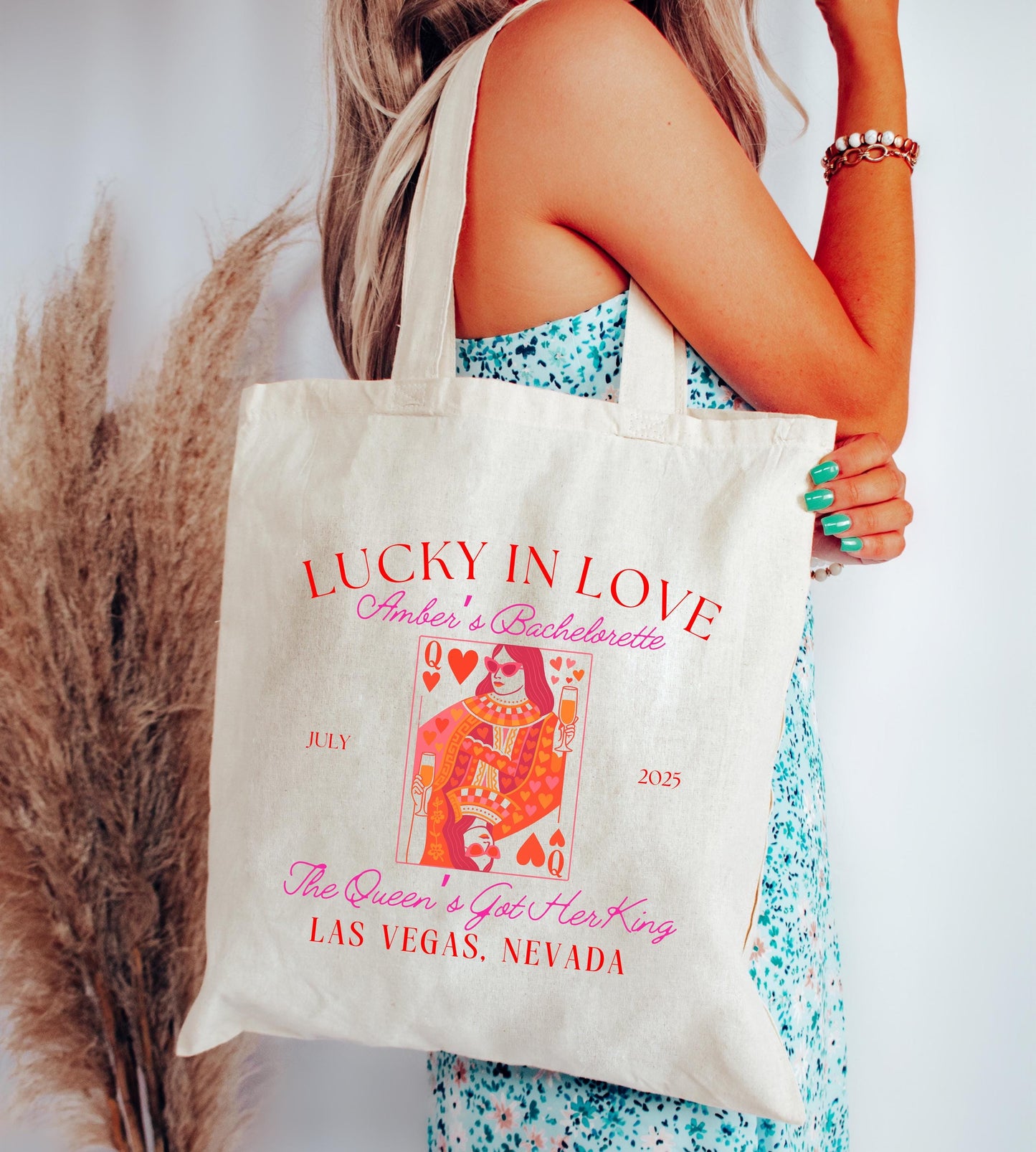 Lucky in Love Bachelorette Tote Bag, Custom Queen of Hearts Design, Bridal Party Favor, Girls Trip Gift, Vegas Bride Tote