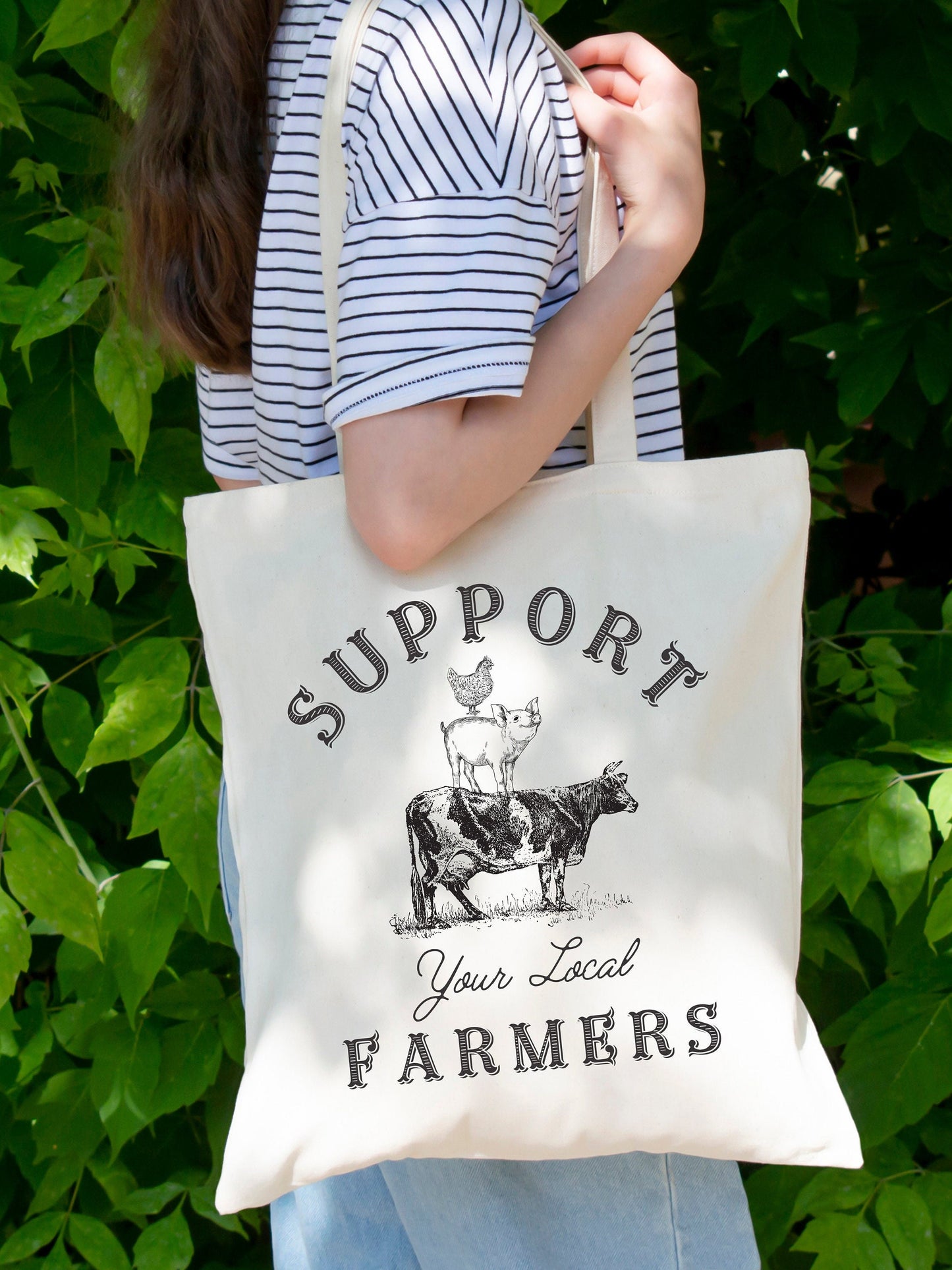 Support your local farmers tote bag, Graphic of Cow, Pig and Chicken, Rural farming country, hobby farm bag, reusable tote bag