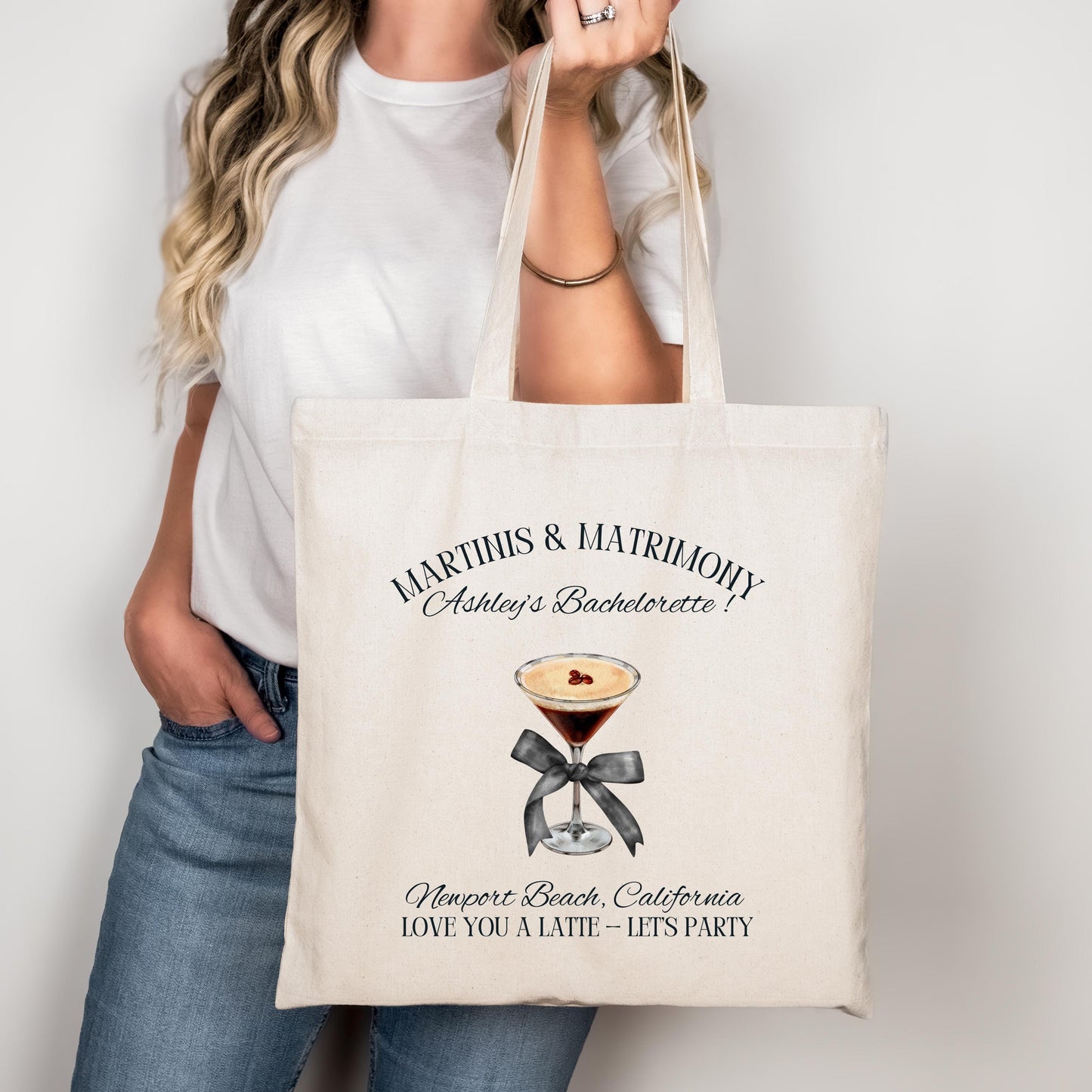 Espresso Martini Bachelorette Tote, Bride Gift Bag, Custom Bridal Party Favor, Espresso Theme Tote with Bow, Trendy Wedding Weekend Bag
