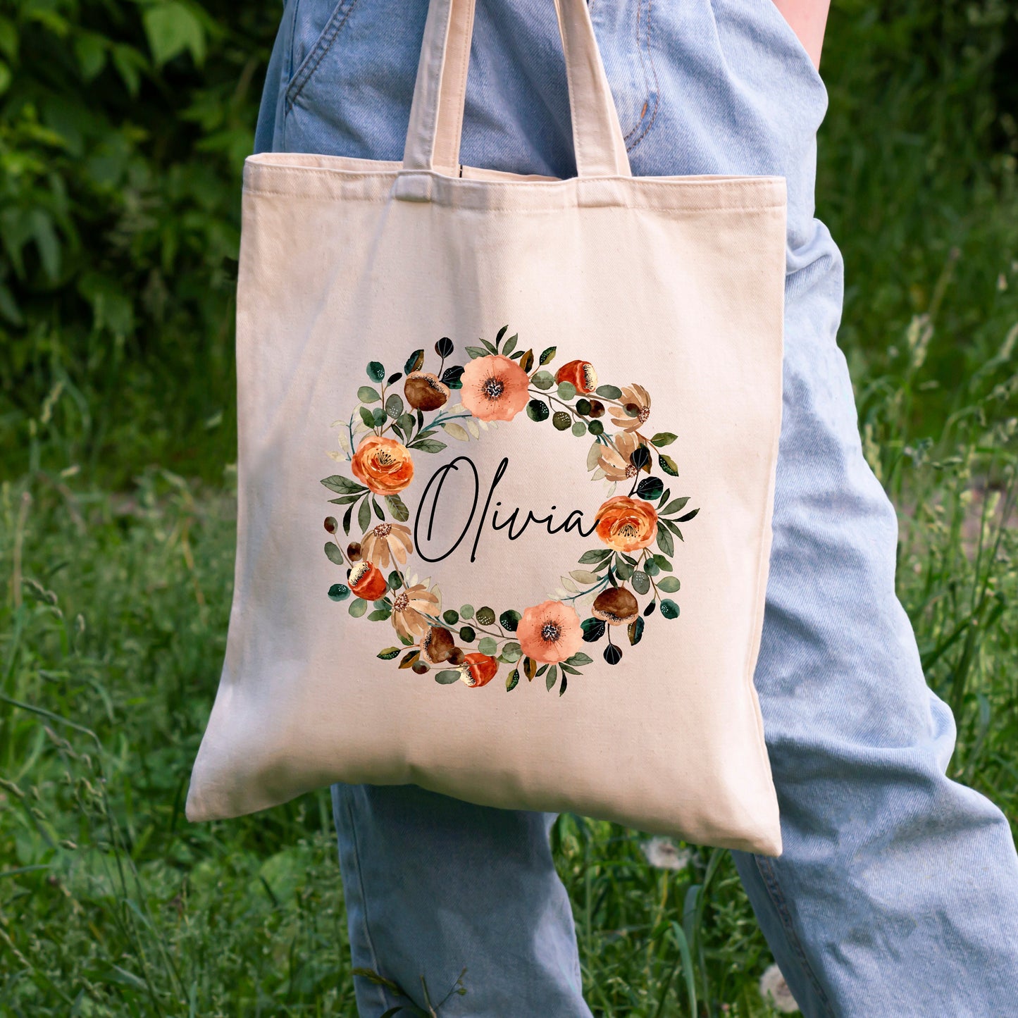 Personalized Bridesmaid Tote Bag - Custom Name Gift Bag - Floral Wreath Cotton Tote - Wedding Party Favor - Bridal Shower Gift