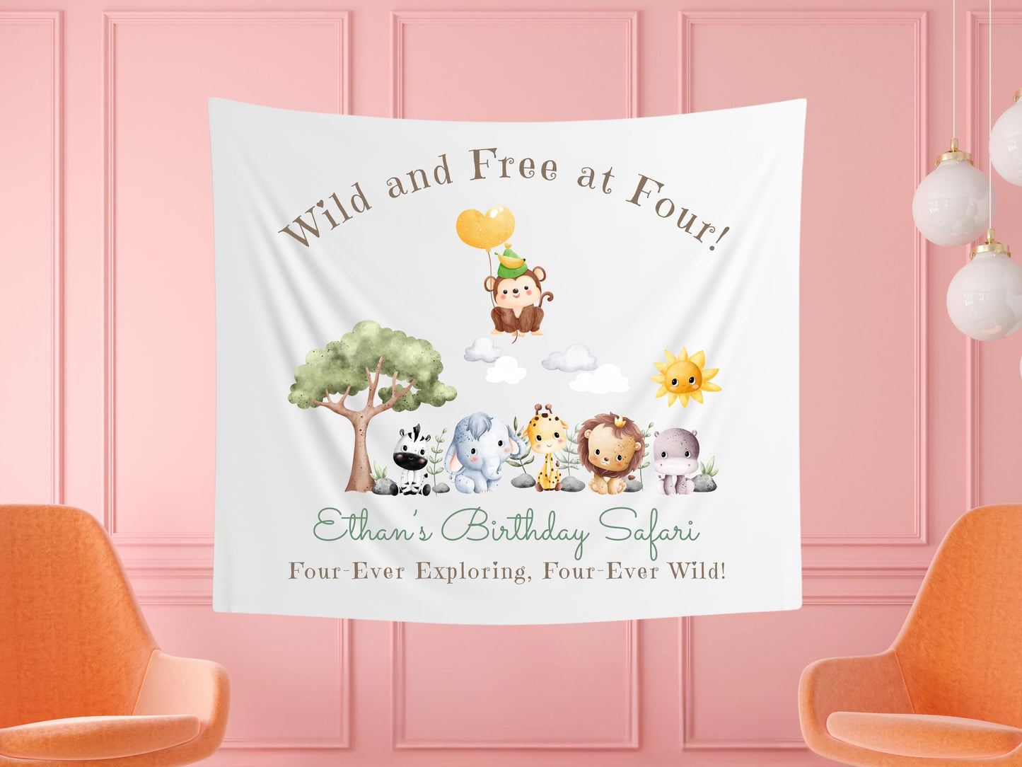Jungle Safari 4th Birthday Banner | Custom Wild Animal Party Decor | Roaring Four Ever Wild Tapestry | Kids Safari Theme Sign