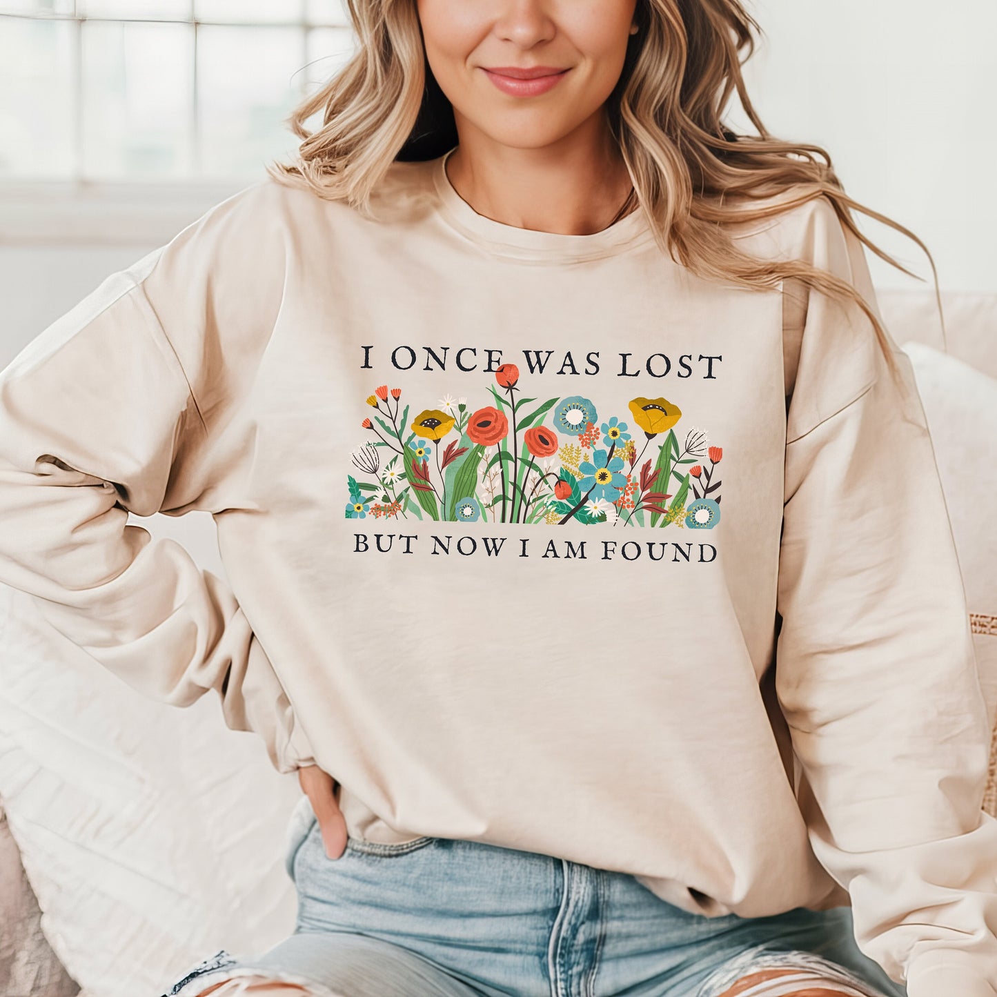Christian Sweatshirt Women's Religious Sweatshirt Gift for Her Faith Based Apparel - Once Was Lost But Now I'm Found Trendy Floral Sweater