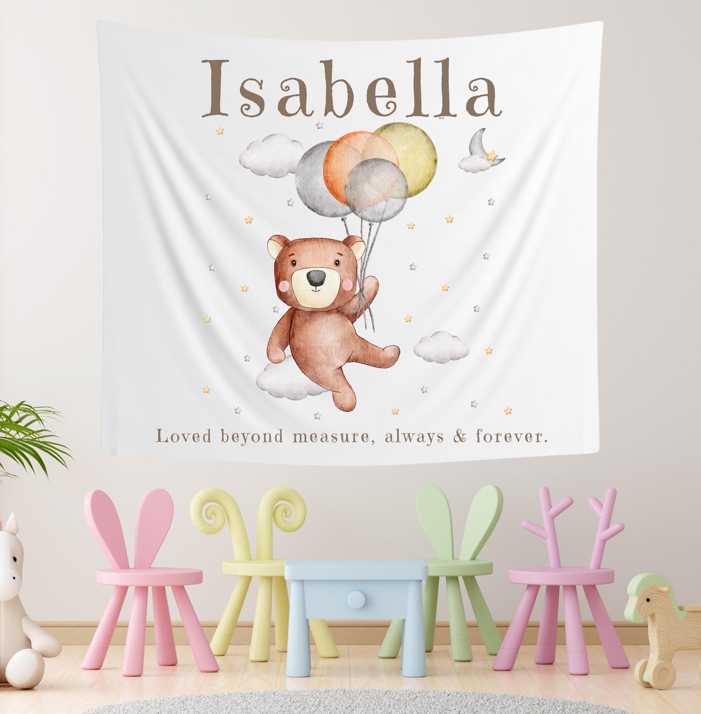 Custom Name Nursery Banner | Teddy Bear Balloon Wall Hanging | Starry Sky Playroom Tapestry | Personalized Kids Room Decor