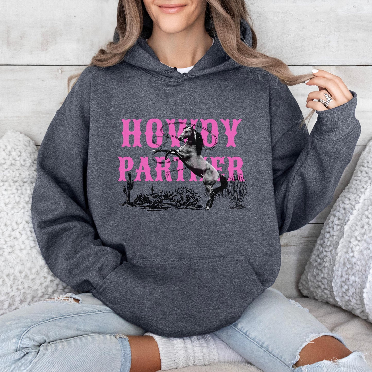 Country Western Hoodie, Howdy Partner - Unisex Cowgirl Hoodie, Horse - Rodeo Sweatshirt for Her