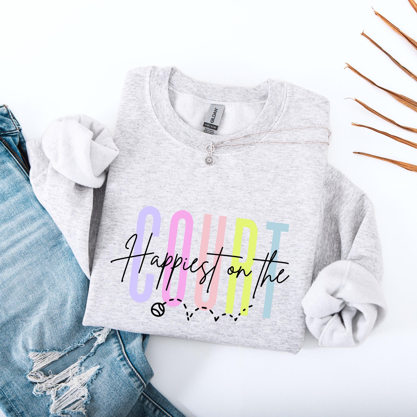 Happiest on the Court Sweatshirt, Colorful Tennis Crewneck, Unisex Gildan 18000, Cozy Tennis Lover Gift, Fun Tennis Ball Graphic Shirt