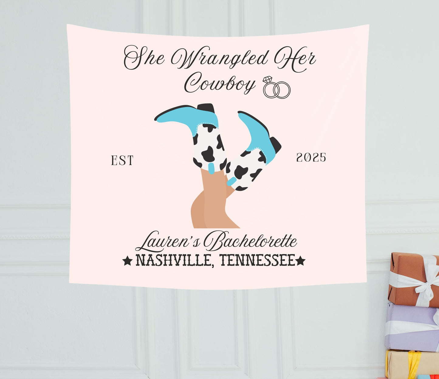She Wrangled Her Cowboy Banner, Western Bachelorette Party Sign, Cowgirl Boots Decor, Last Rodeo Party Backdrop