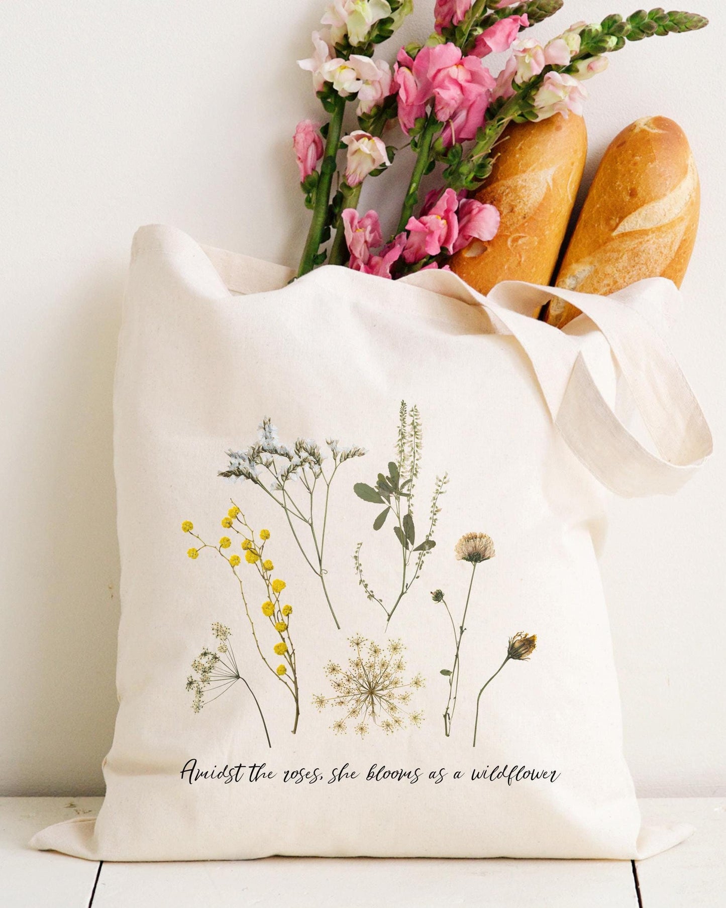 Inspirational Quote Tote Bag for Women, Wildflower Poem Canvas Bag, Self Care Gift for Her, Personalized Floral Daily Use Tote