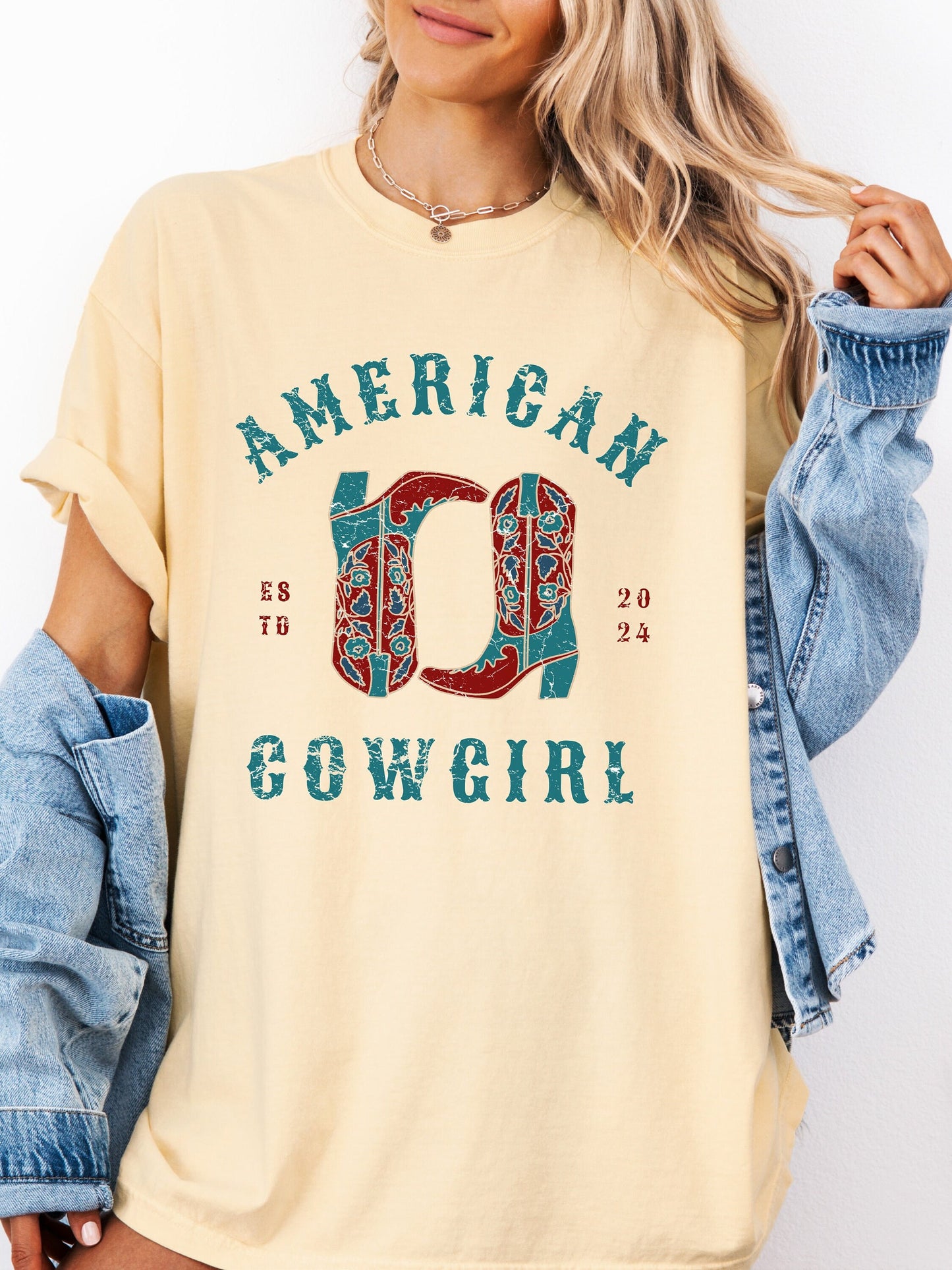Cowgirl Western Shirt, American Cowgirl Rustic Tee, Womens Country T-shirt, Boots, Rodeo - Country Concert Outfit - Comfort Colors
