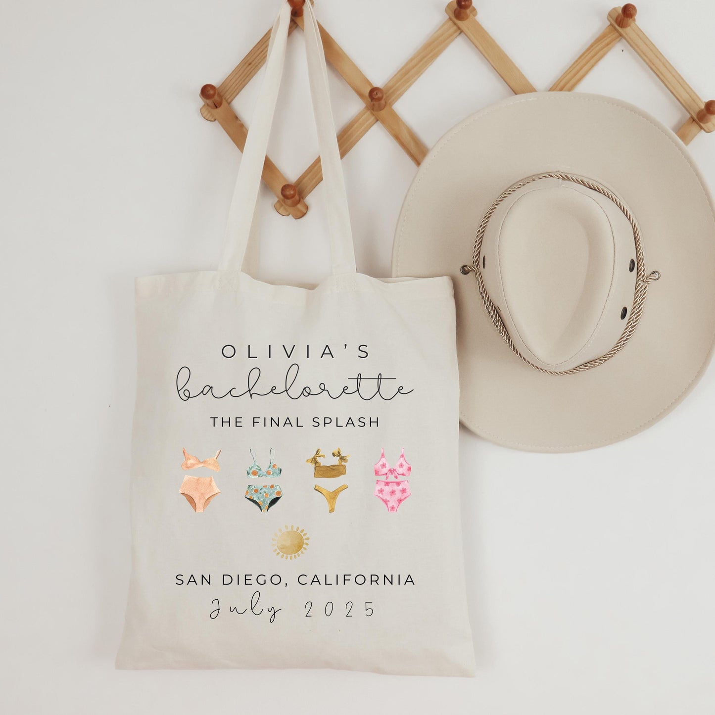 Beach Bachelorette Tote Bag, Pastel Bikini Bridesmaid Gift, Minimalist Bachelorette Favor, Elegant Bride Beach Trip Tote, Custom Name Bag