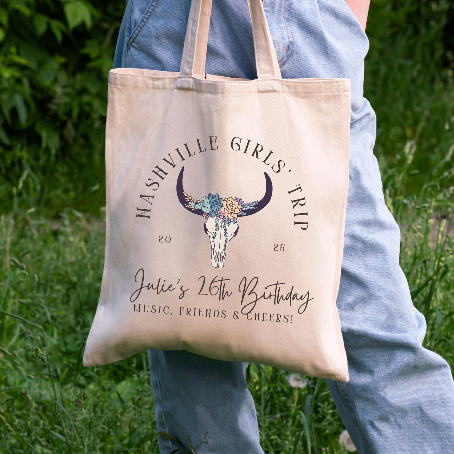Custom Nashville Trip Tote - Personalized Bachelorette Bag - Bull Skull Girls Trip Gift - Birthday Party Favor