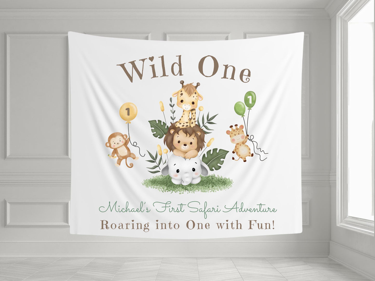 Wild One Safari 1st Birthday Banner | Jungle Animal Party Decor | Custom First Birthday Tapestry | Wild One Theme Sign