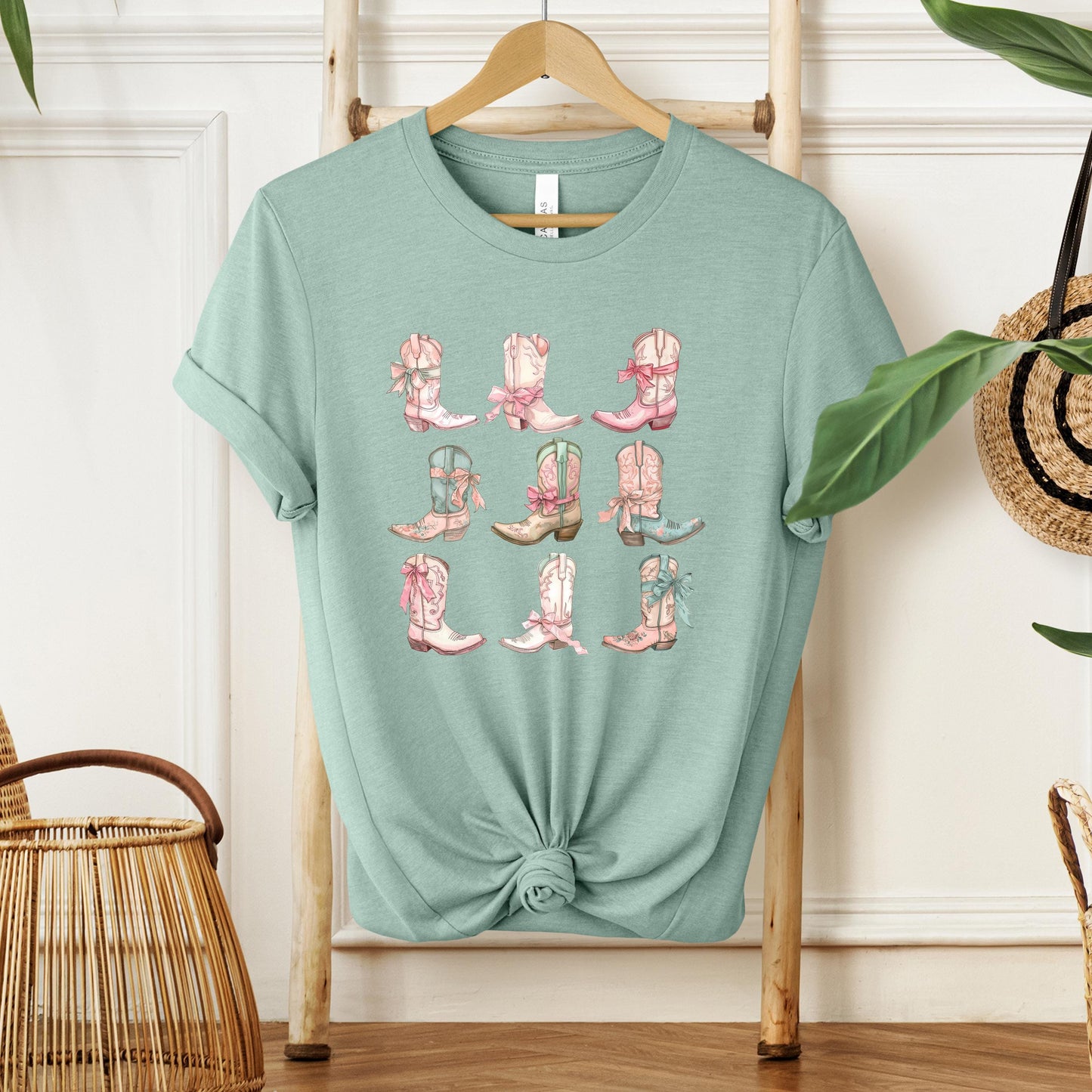 Rustic Cowgirl Graphic Tee: Western Boots & Bow Design for Country Music Lovers and Rodeo Enthusiasts