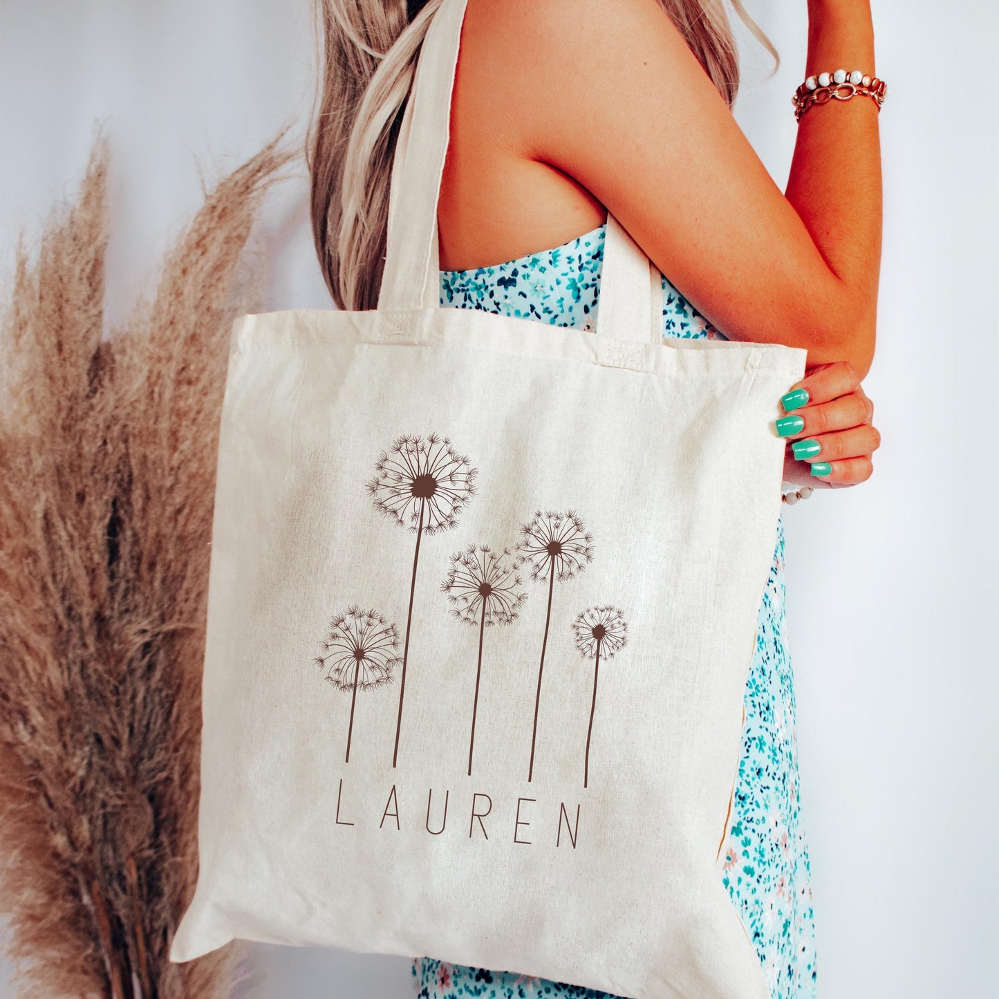 Personalized Dandelion Tote Bag - Custom Name Canvas Tote - Bridesmaid Gift, Wedding Party Favor, Girls Weekend, Mom Gift, Reusable Bag