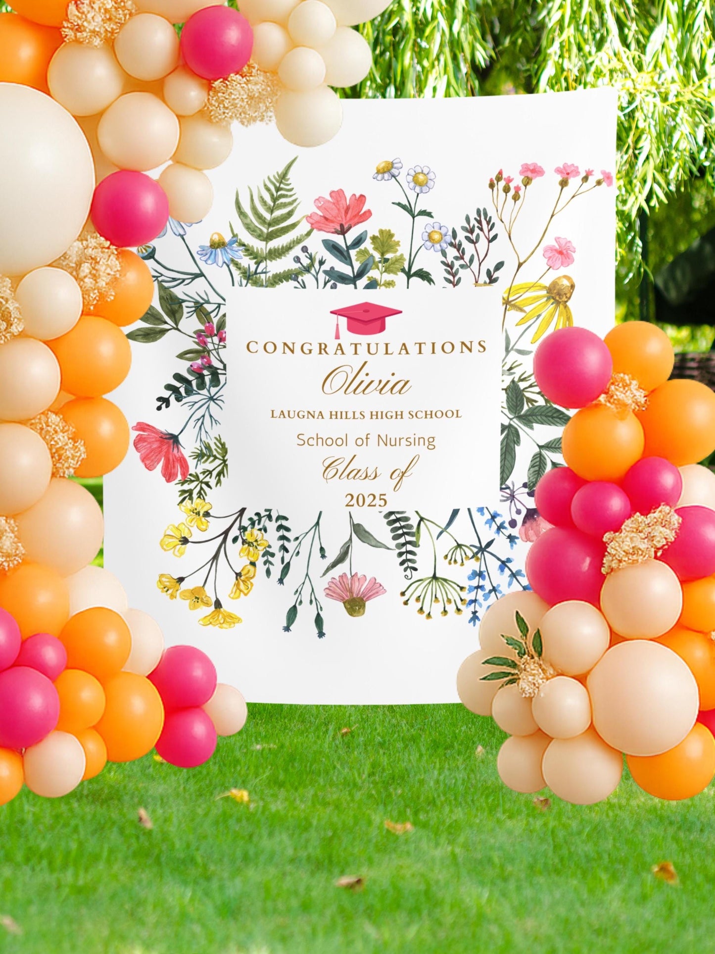 Custom Graduation Banner with Flowers, Personalized Grad Party Backdrop, Class of 2025 School Name Banner, Photo Booth Sign