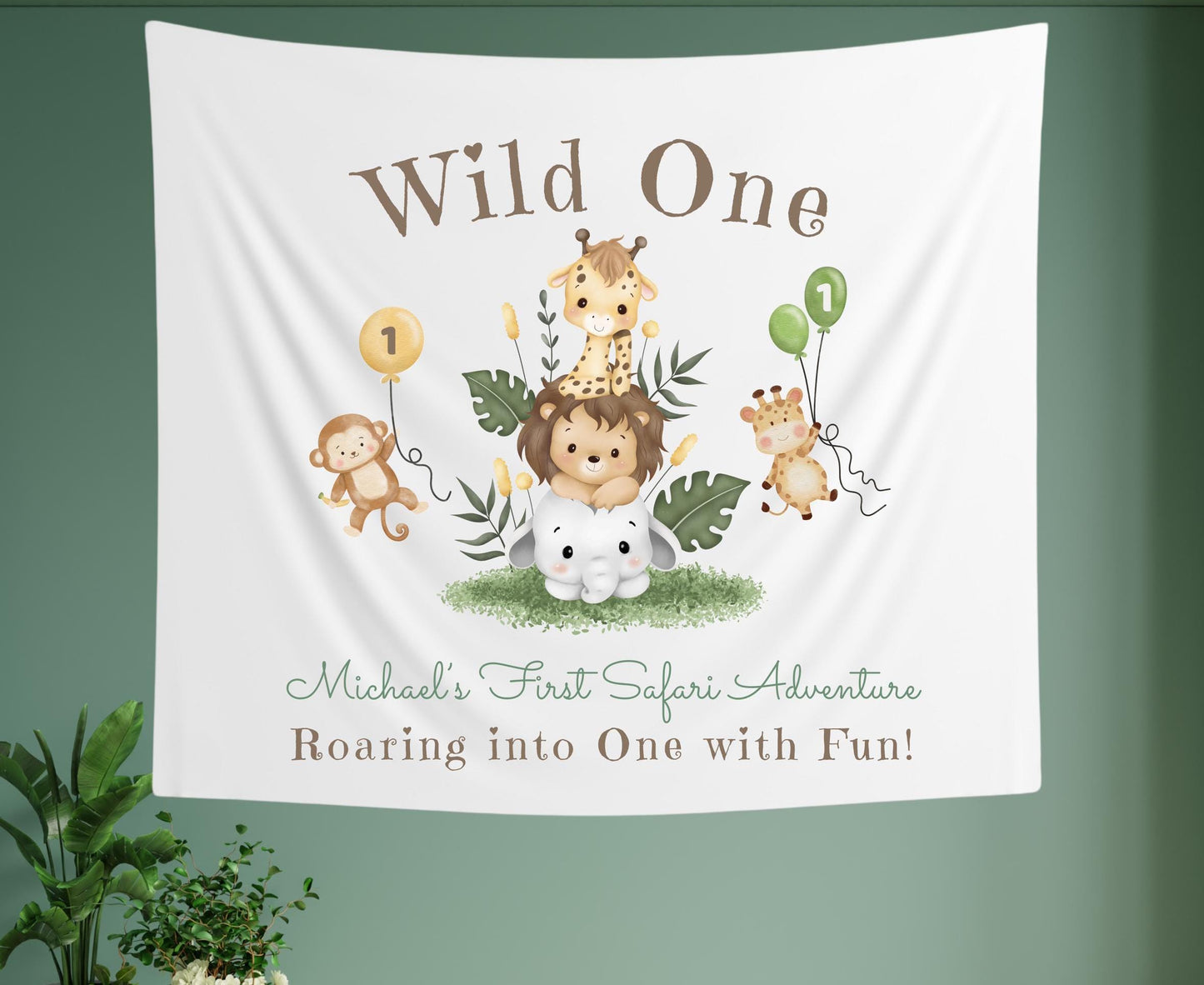 Wild One Safari 1st Birthday Banner | Jungle Animal Party Decor | Custom First Birthday Tapestry | Wild One Theme Sign
