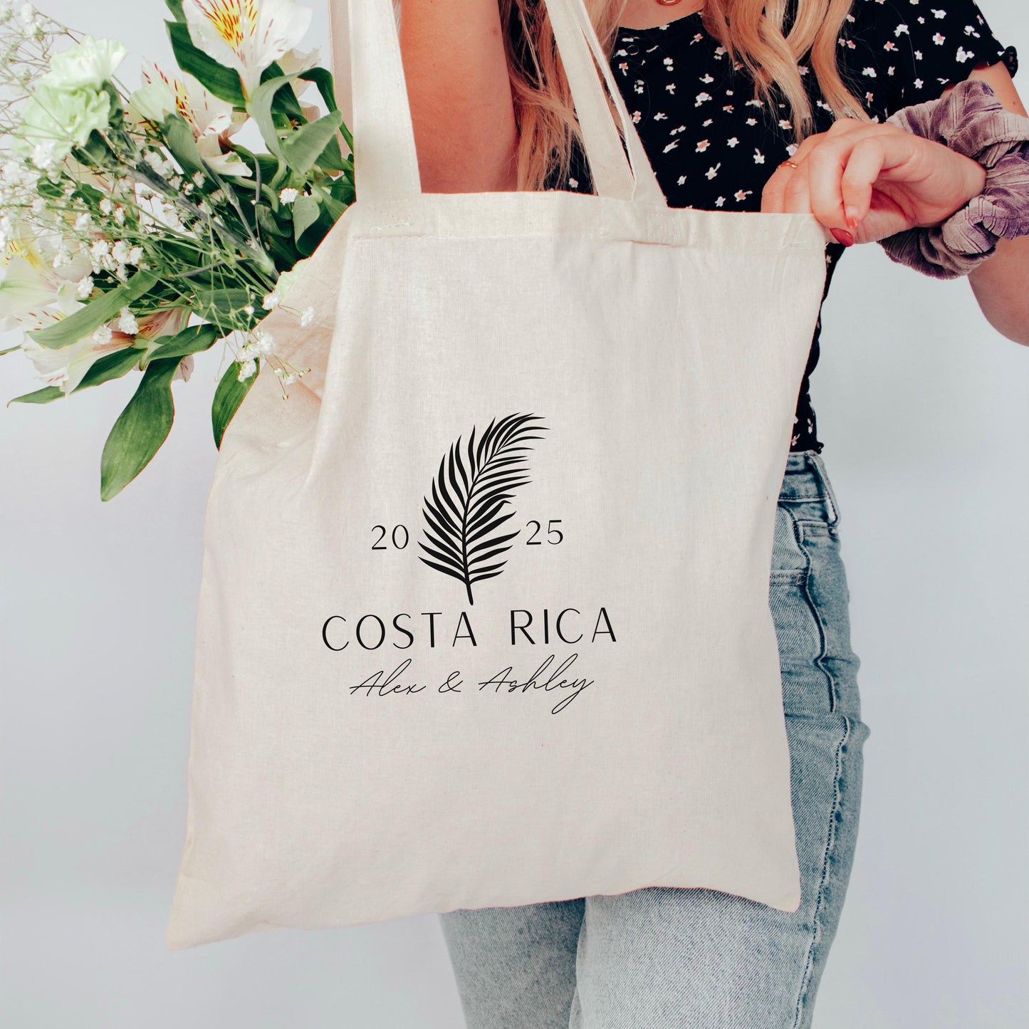 Personalized Destination Wedding Tote - Custom Bridal Party Bag - Elegant Minimalist Wedding Gift - Custom Name & Year