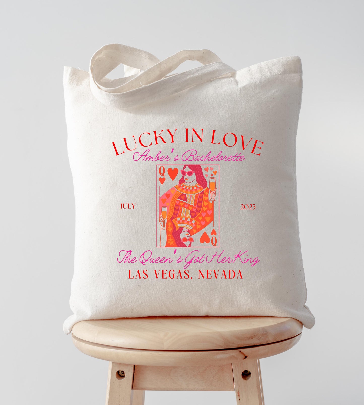 Lucky in Love Bachelorette Tote Bag, Custom Queen of Hearts Design, Bridal Party Favor, Girls Trip Gift, Vegas Bride Tote