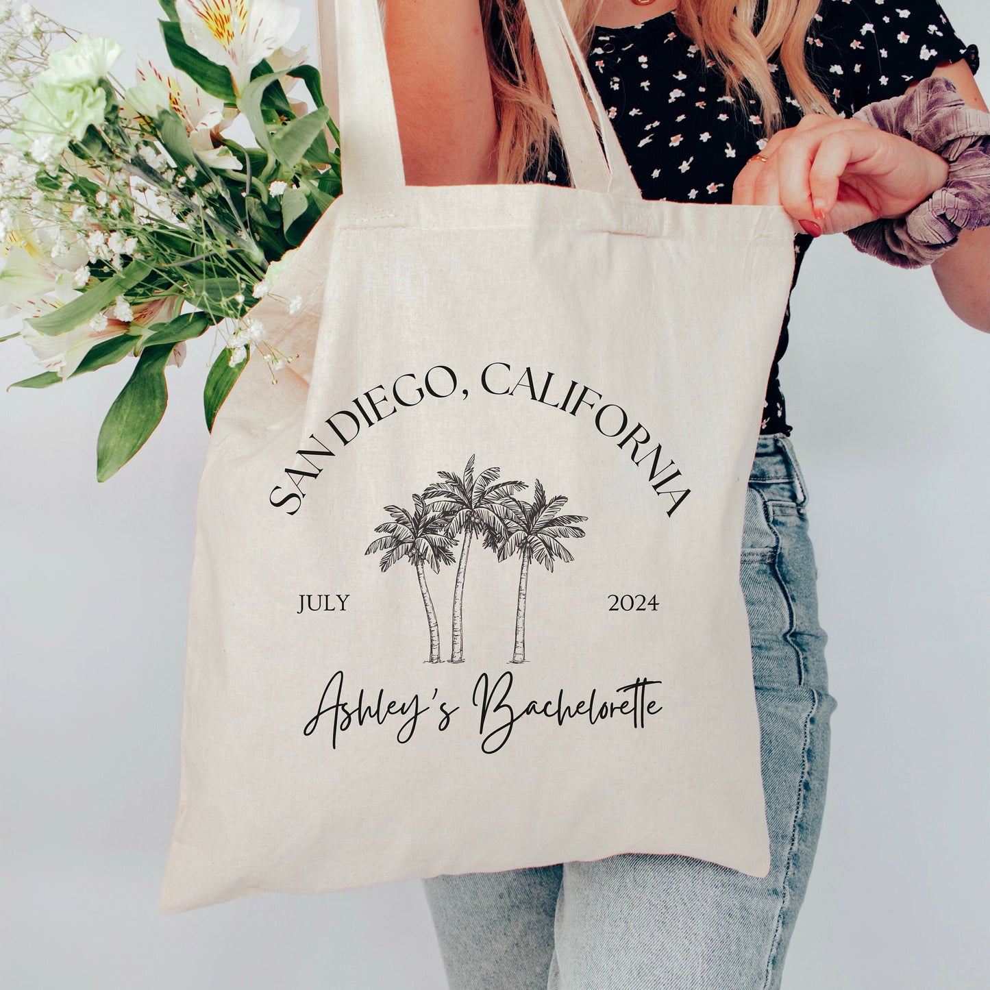 Custom Tropical Bachelorette Tote - Palm Tree Girls Trip Bag - Personalized Destination Party Favor - Beach Getaway Gift