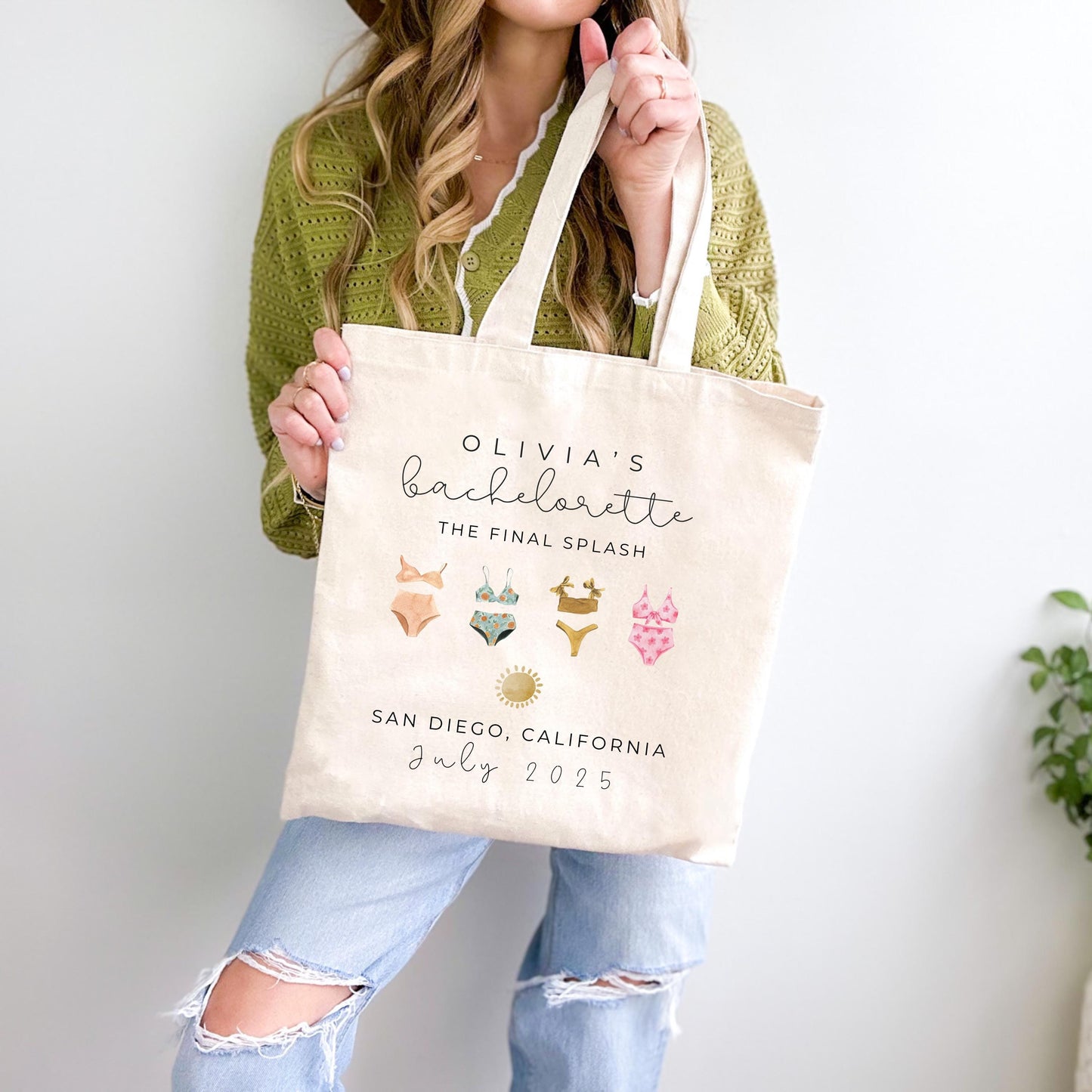 Beach Bachelorette Tote Bag, Pastel Bikini Bridesmaid Gift, Minimalist Bachelorette Favor, Elegant Bride Beach Trip Tote, Custom Name Bag