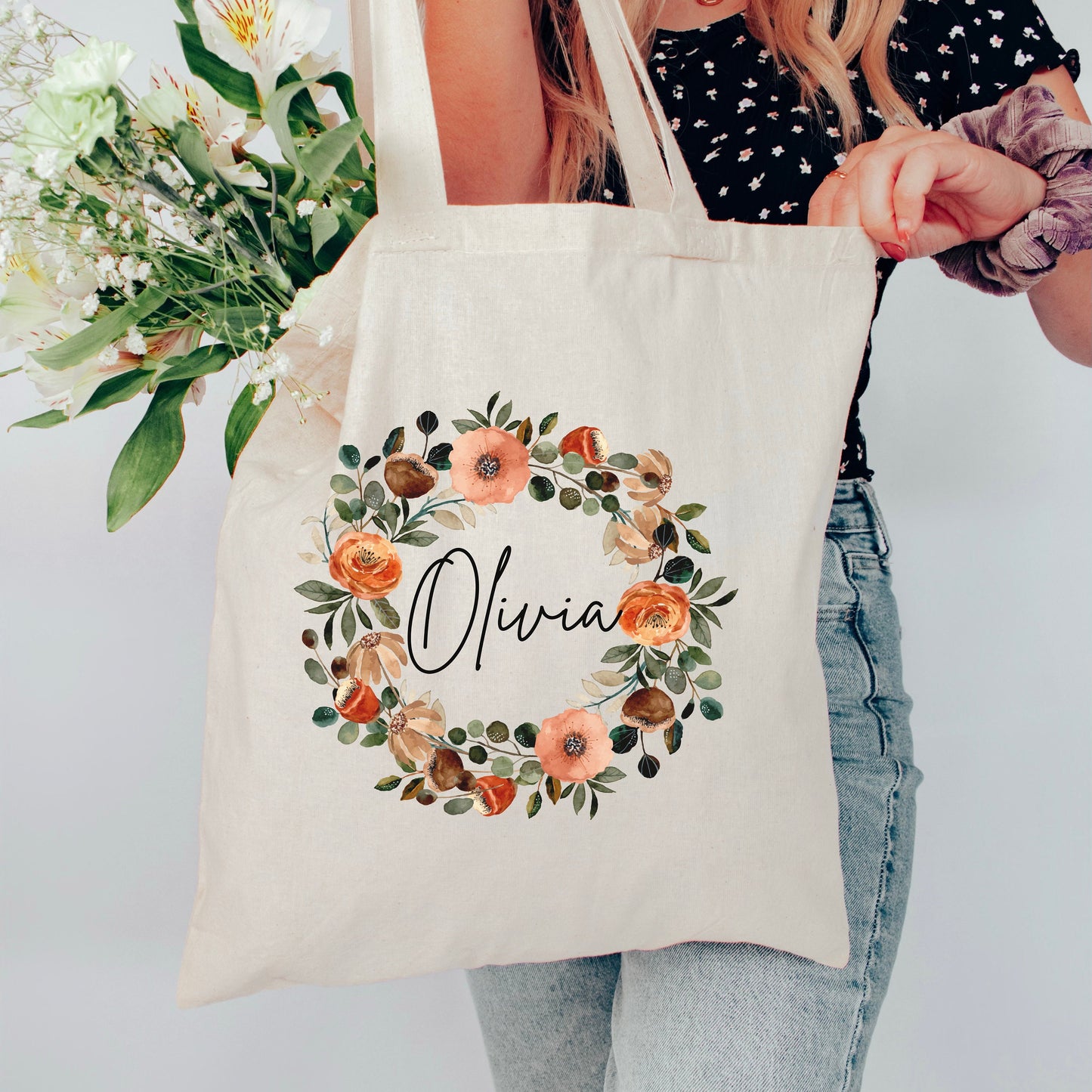 Personalized Bridesmaid Tote Bag - Custom Name Gift Bag - Floral Wreath Cotton Tote - Wedding Party Favor - Bridal Shower Gift