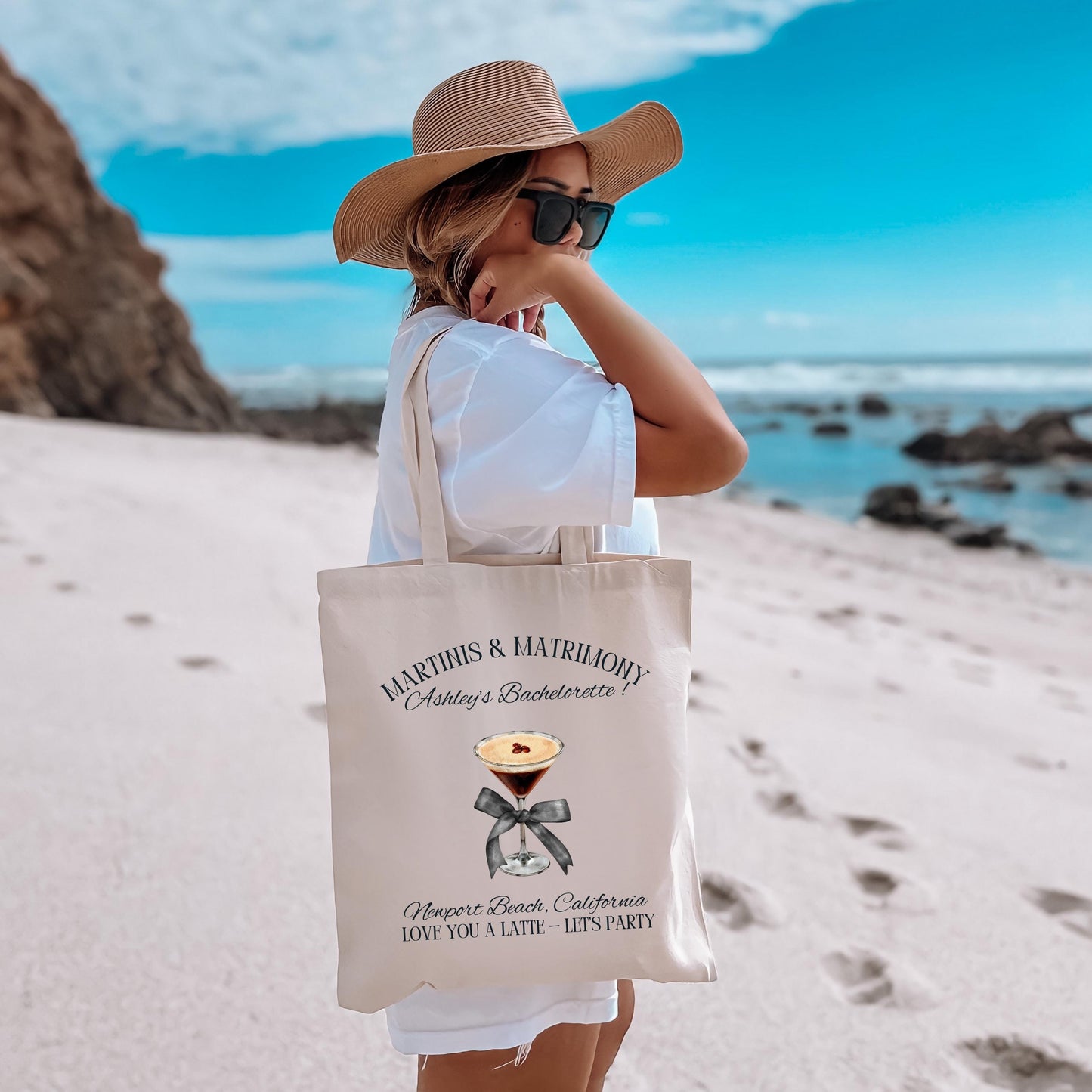 Espresso Martini Bachelorette Tote, Bride Gift Bag, Custom Bridal Party Favor, Espresso Theme Tote with Bow, Trendy Wedding Weekend Bag