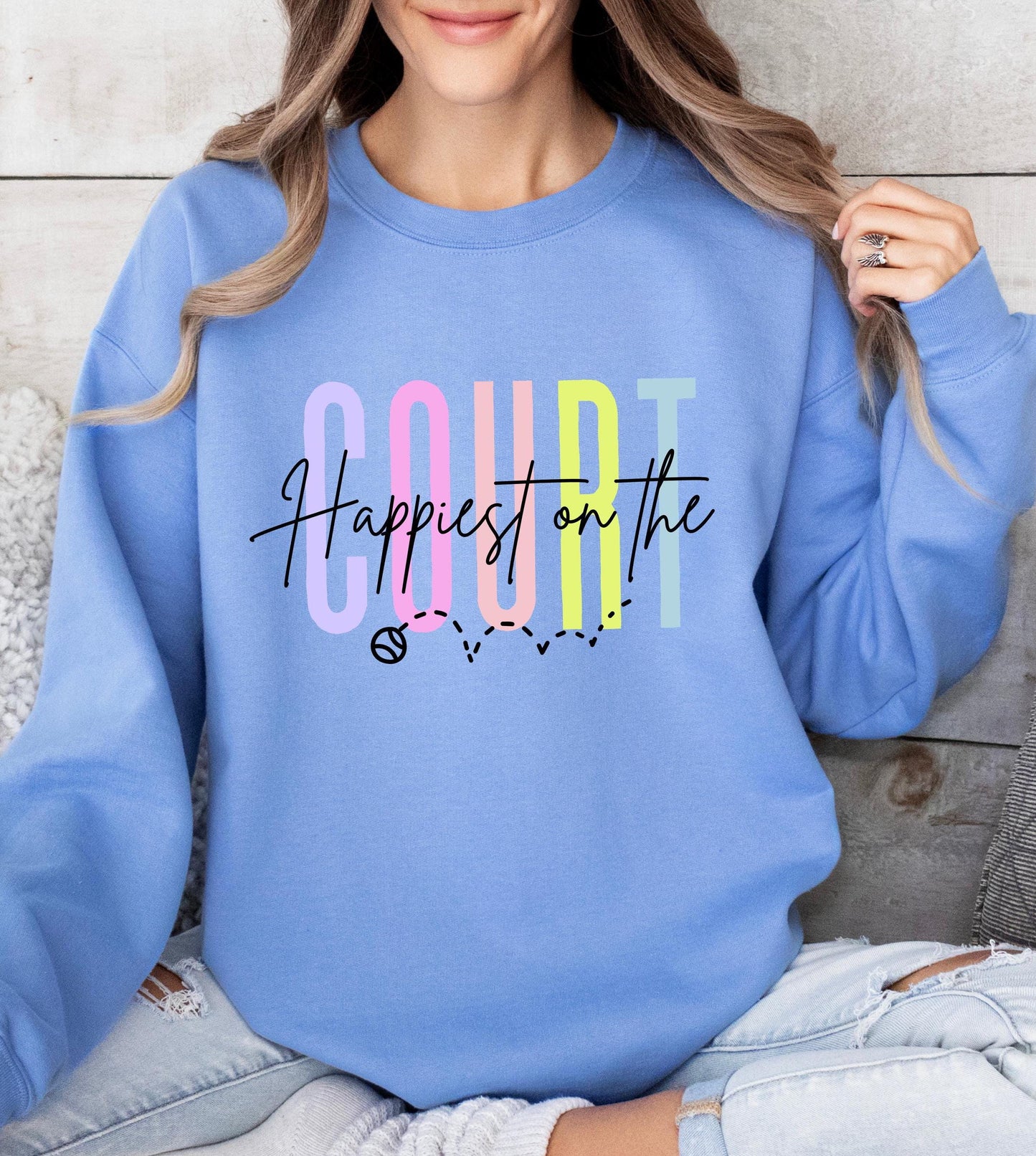 Happiest on the Court Sweatshirt, Colorful Tennis Crewneck, Unisex Gildan 18000, Cozy Tennis Lover Gift, Fun Tennis Ball Graphic Shirt