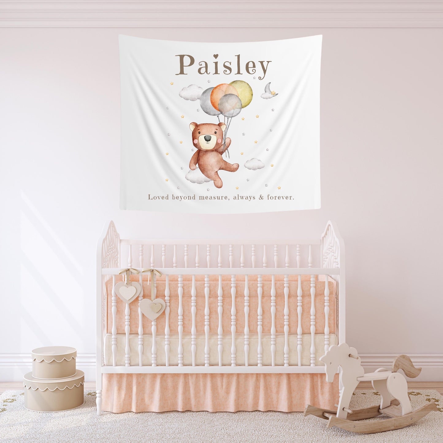 Custom Name Nursery Banner | Teddy Bear Balloon Wall Hanging | Starry Sky Playroom Tapestry | Personalized Kids Room Decor