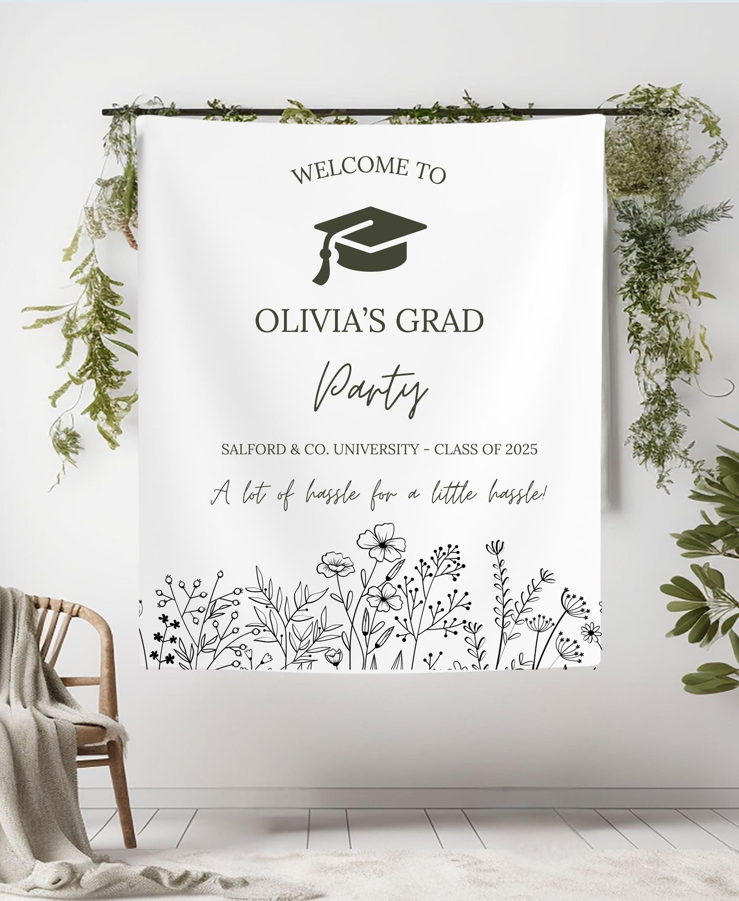 Elegant Graduation Banner with Black Florals, Custom Class of 2025 Sign, Hassle for Tassel Quote, Grad Party Decor Backdrop