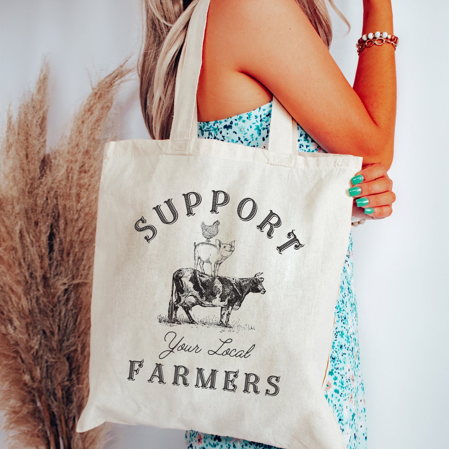 Support your local farmers tote bag, Graphic of Cow, Pig and Chicken, Rural farming country, hobby farm bag, reusable tote bag