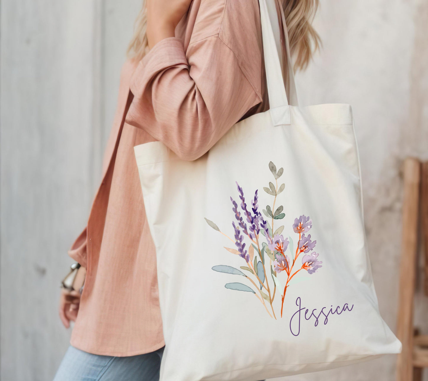Personalized Floral Tote - Elegant Pastel Wildflower Bag - Custom Name Gift for Bridesmaids, Birthdays, Mother's Day