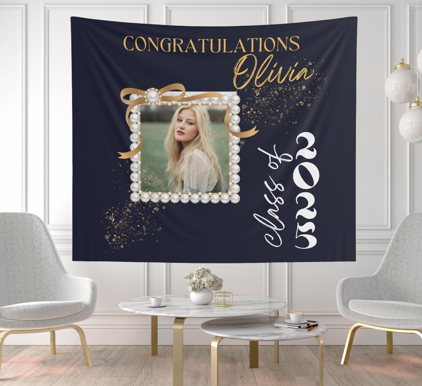 Custom Graduation Photo Banner, Elegant Pearl Frame, High School or College Grad Sign, Class of 2025 Party Decor, Personalized Grad Banner