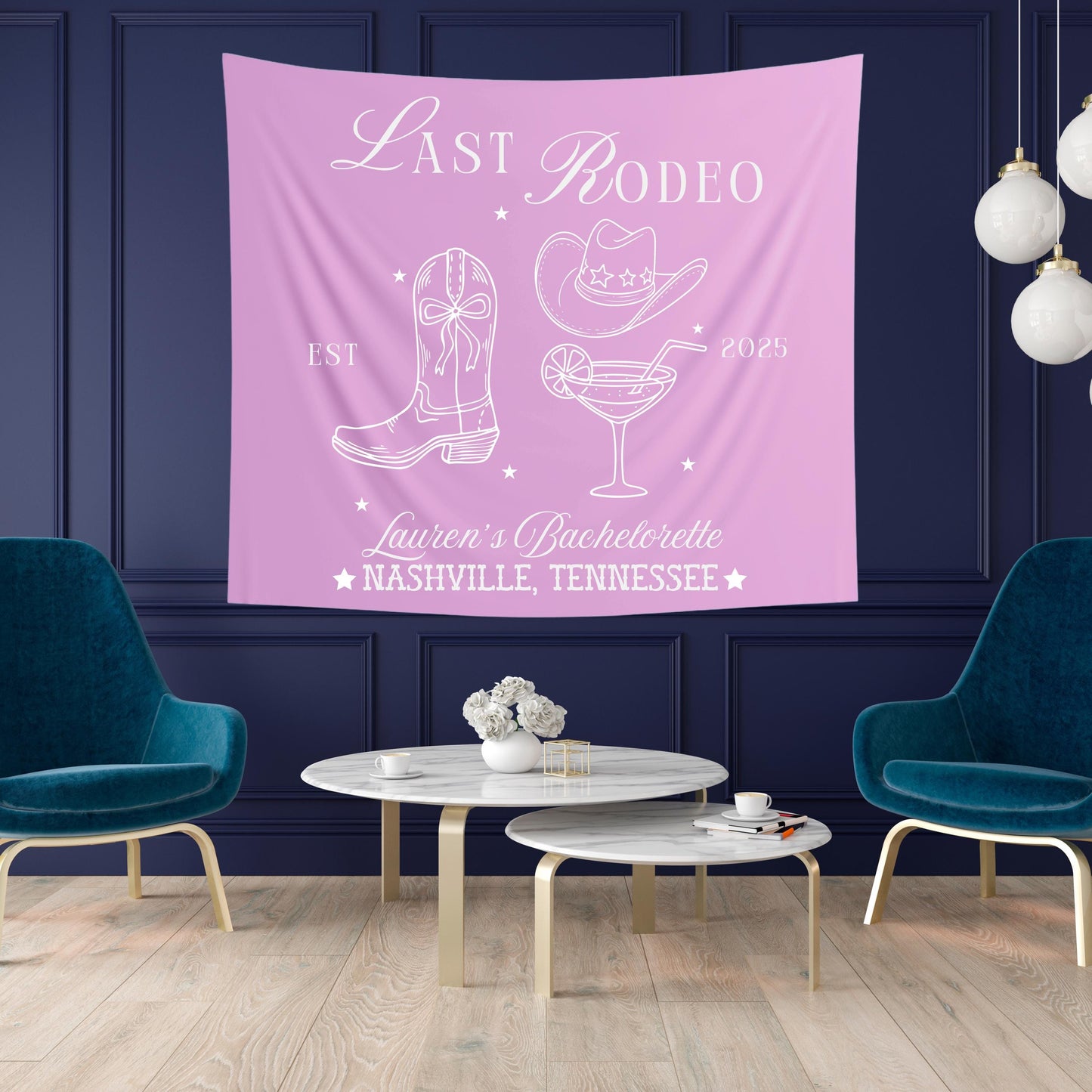 Bachelorette Party Banner, Last Rodeo Sign, Cowgirl Boots Martini Glass Decor, Custom Name Location Year, Bride Bash Tapestry