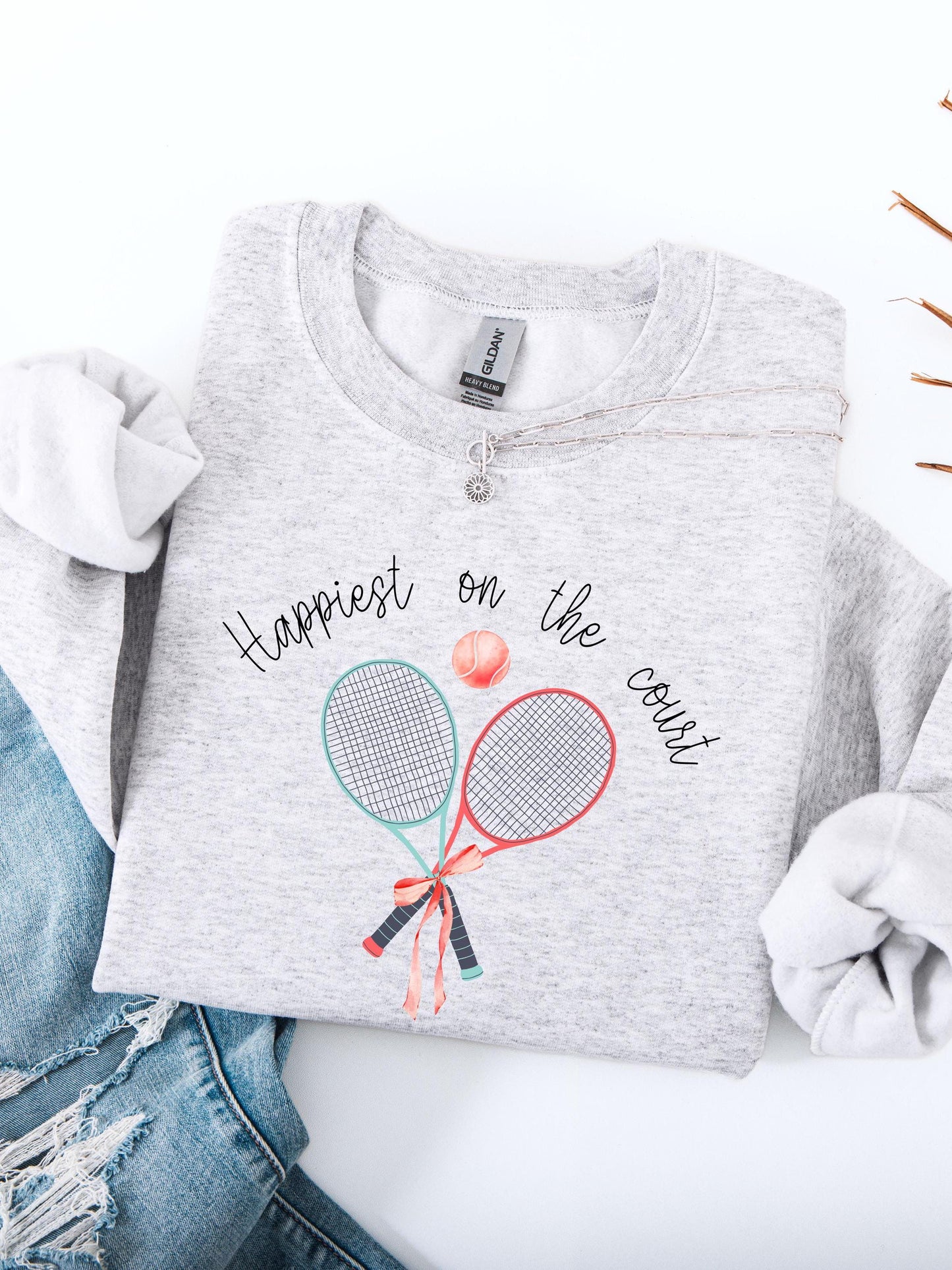 Happiest on the Court Sweatshirt, Cozy Tennis Crewneck, Preppy Pastel Tennis Sweatshirt, Ribbon Graphic Tennis Shirt, Unisex Tennis Gift