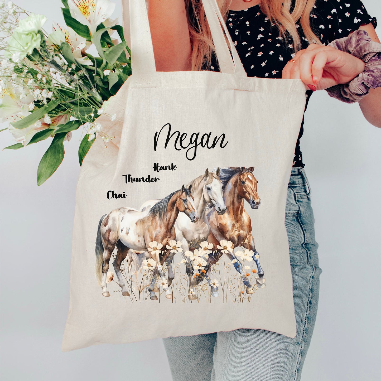 Custom Horse Tote, Horse Lover, Country Western Wildflower Bag, Horse Owner Gift, Birthday for Her, Add Custom Name and Choose Graphic