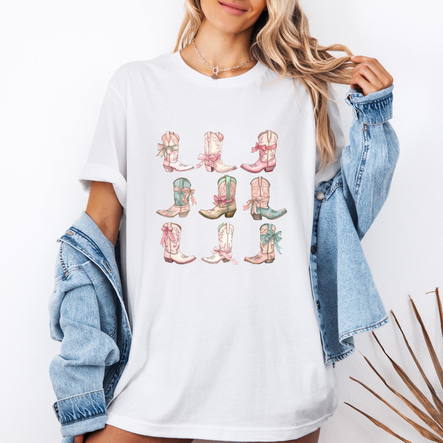 Rustic Cowgirl Graphic Tee: Western Boots & Bow Design for Country Music Lovers and Rodeo Enthusiasts