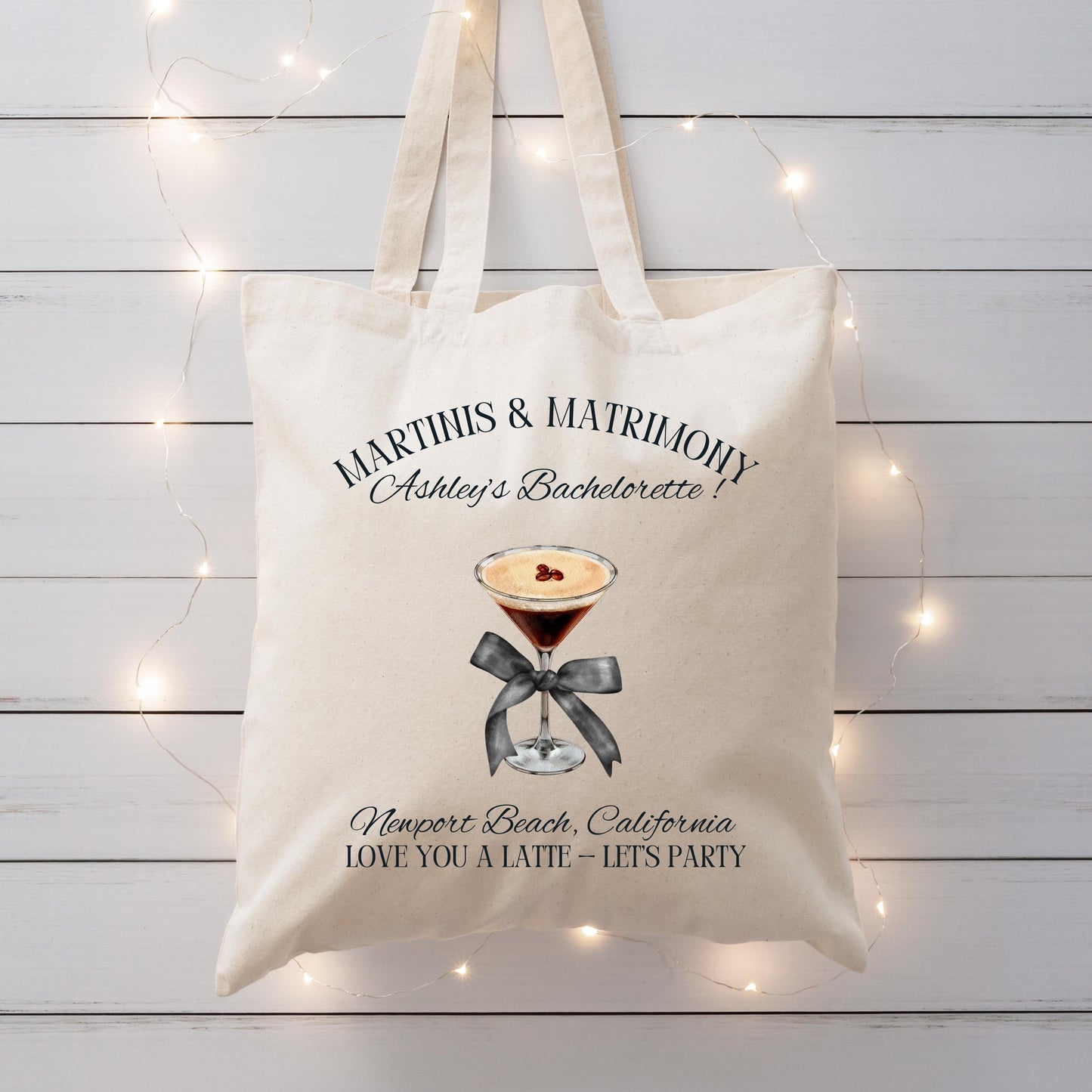 Espresso Martini Bachelorette Tote, Bride Gift Bag, Custom Bridal Party Favor, Espresso Theme Tote with Bow, Trendy Wedding Weekend Bag