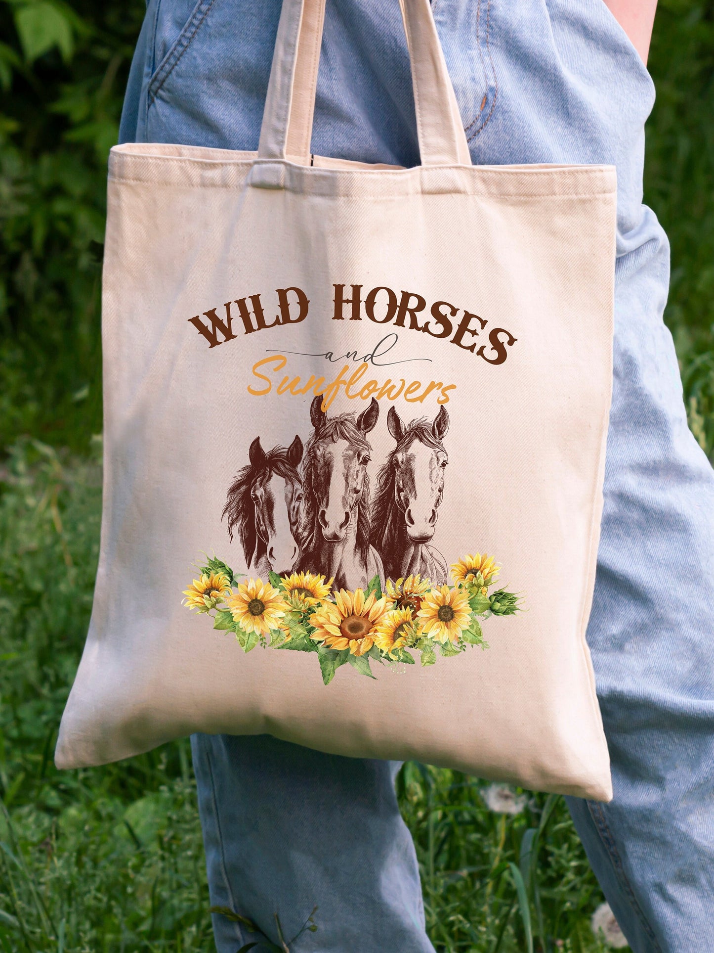 Wild Horses and Sunflowers Tote, Horse Lover Gift Bag, Country Western Tote, Canvas Horse Bag, Floral Horse Gift for Her