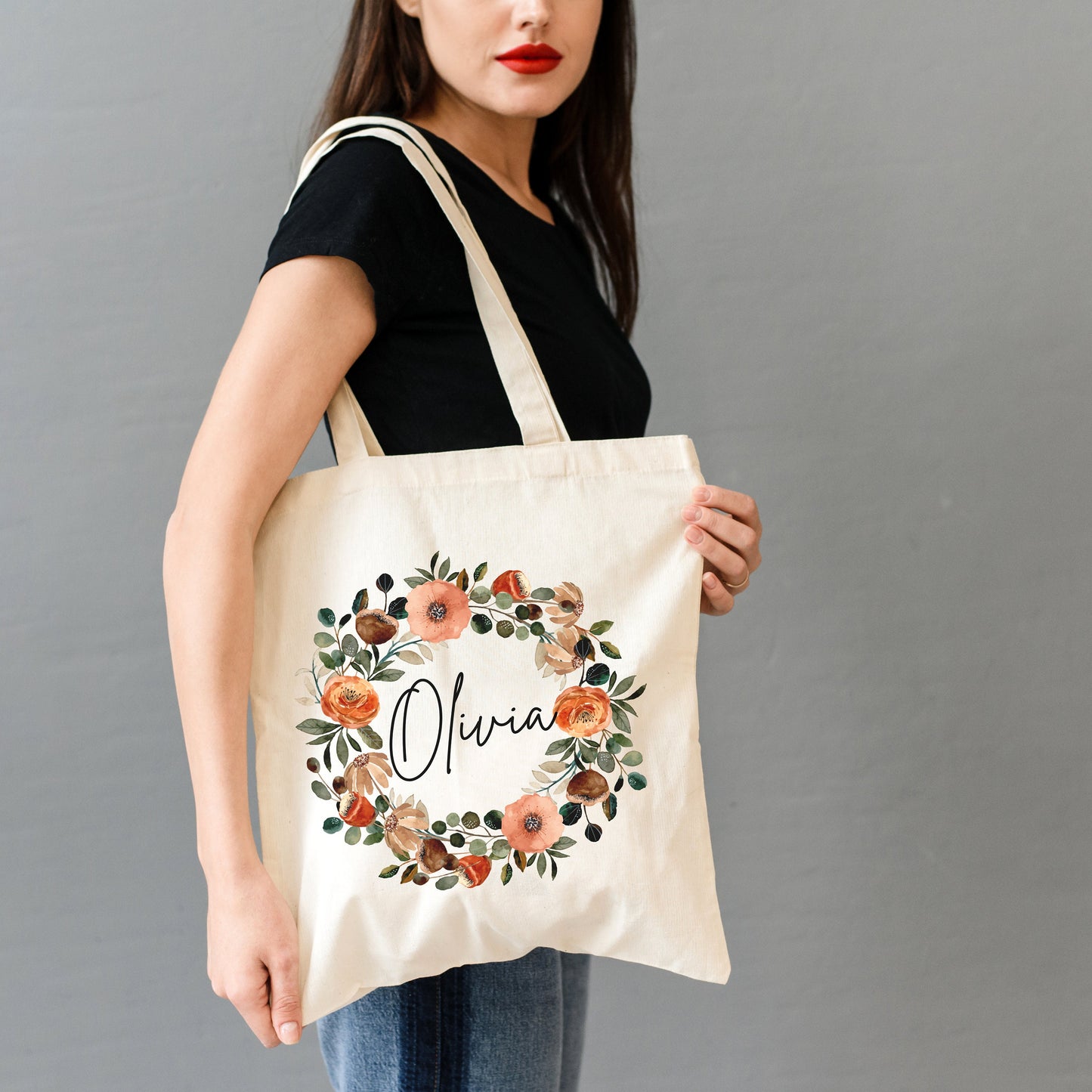 Personalized Bridesmaid Tote Bag - Custom Name Gift Bag - Floral Wreath Cotton Tote - Wedding Party Favor - Bridal Shower Gift