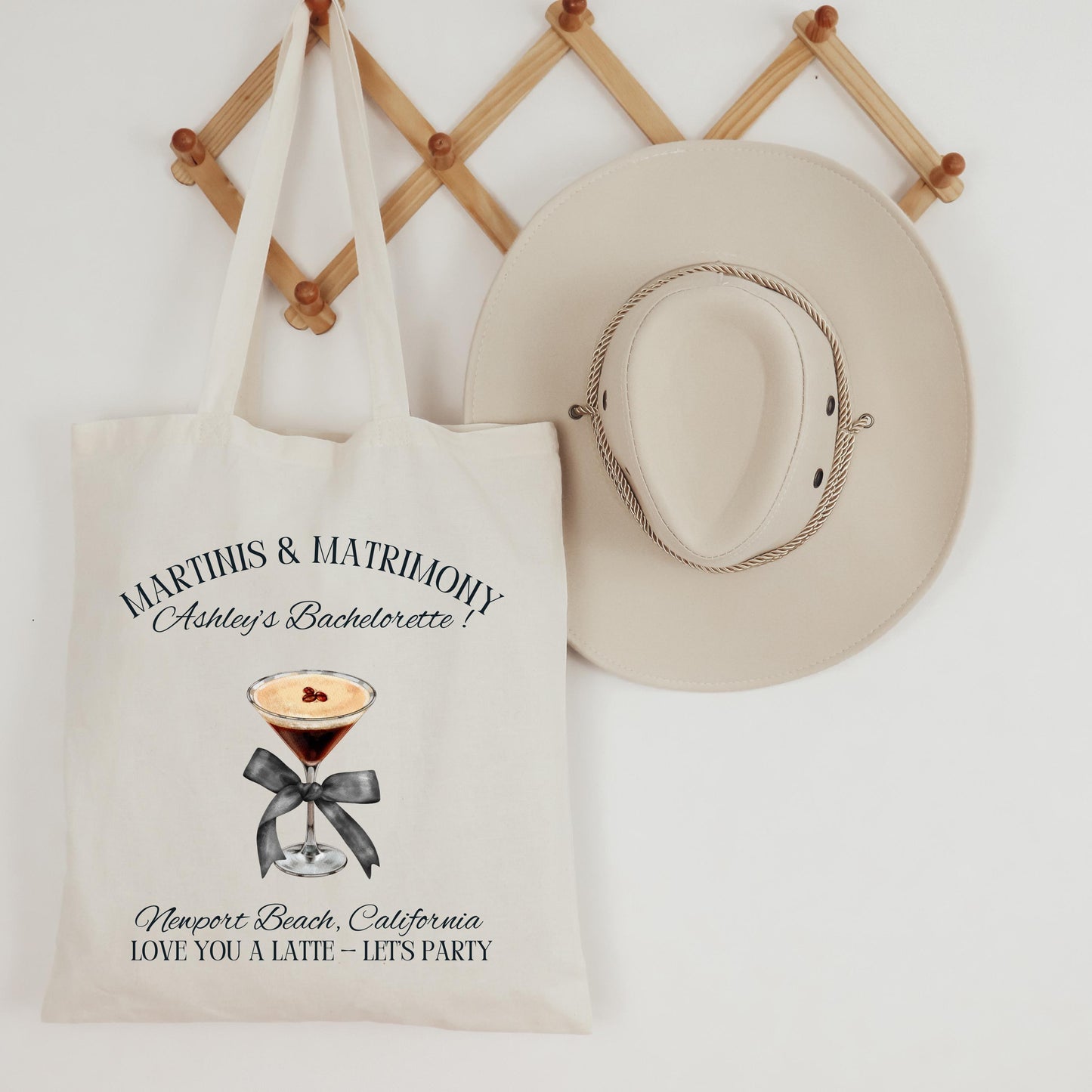 Espresso Martini Bachelorette Tote, Bride Gift Bag, Custom Bridal Party Favor, Espresso Theme Tote with Bow, Trendy Wedding Weekend Bag