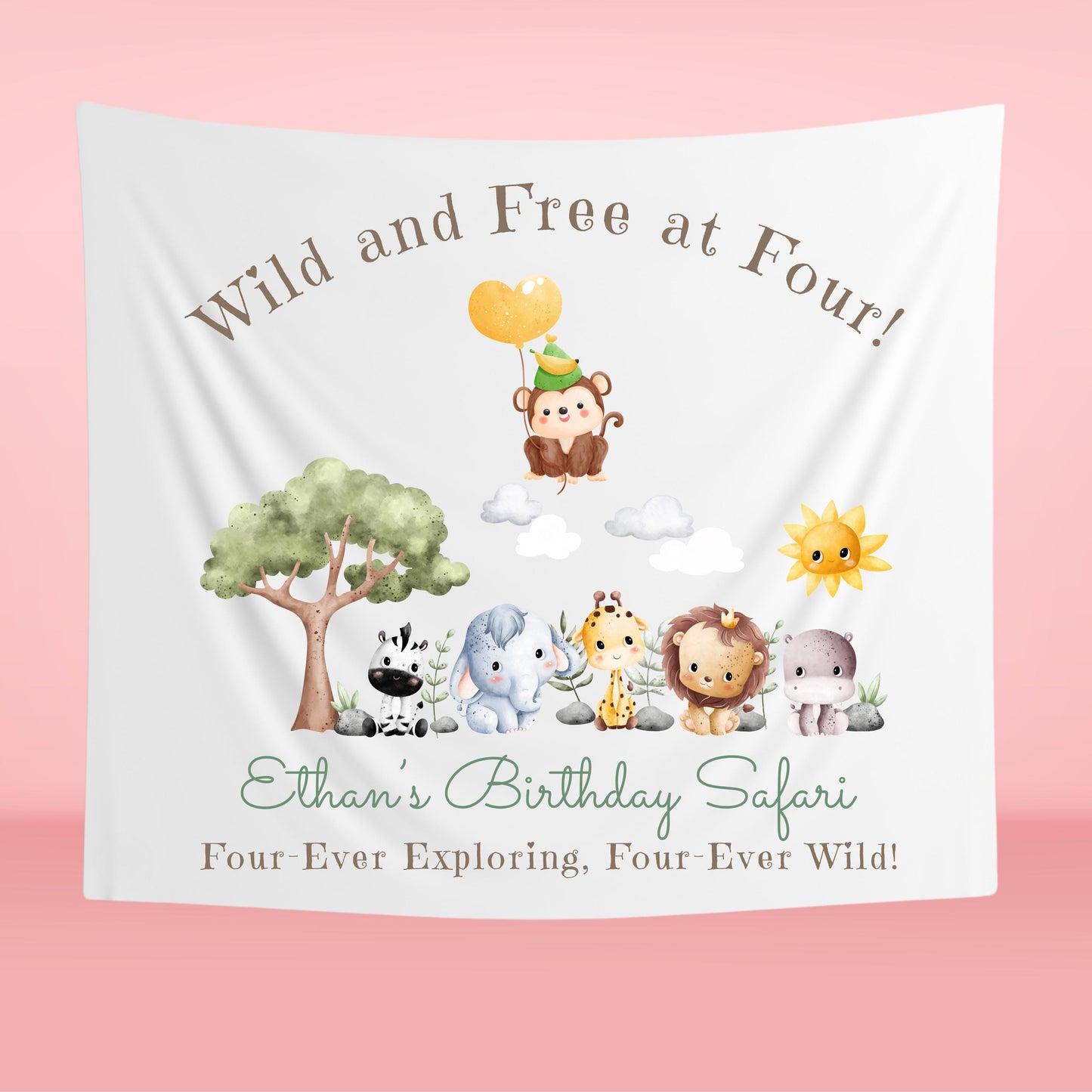 Jungle Safari 4th Birthday Banner | Custom Wild Animal Party Decor | Roaring Four Ever Wild Tapestry | Kids Safari Theme Sign