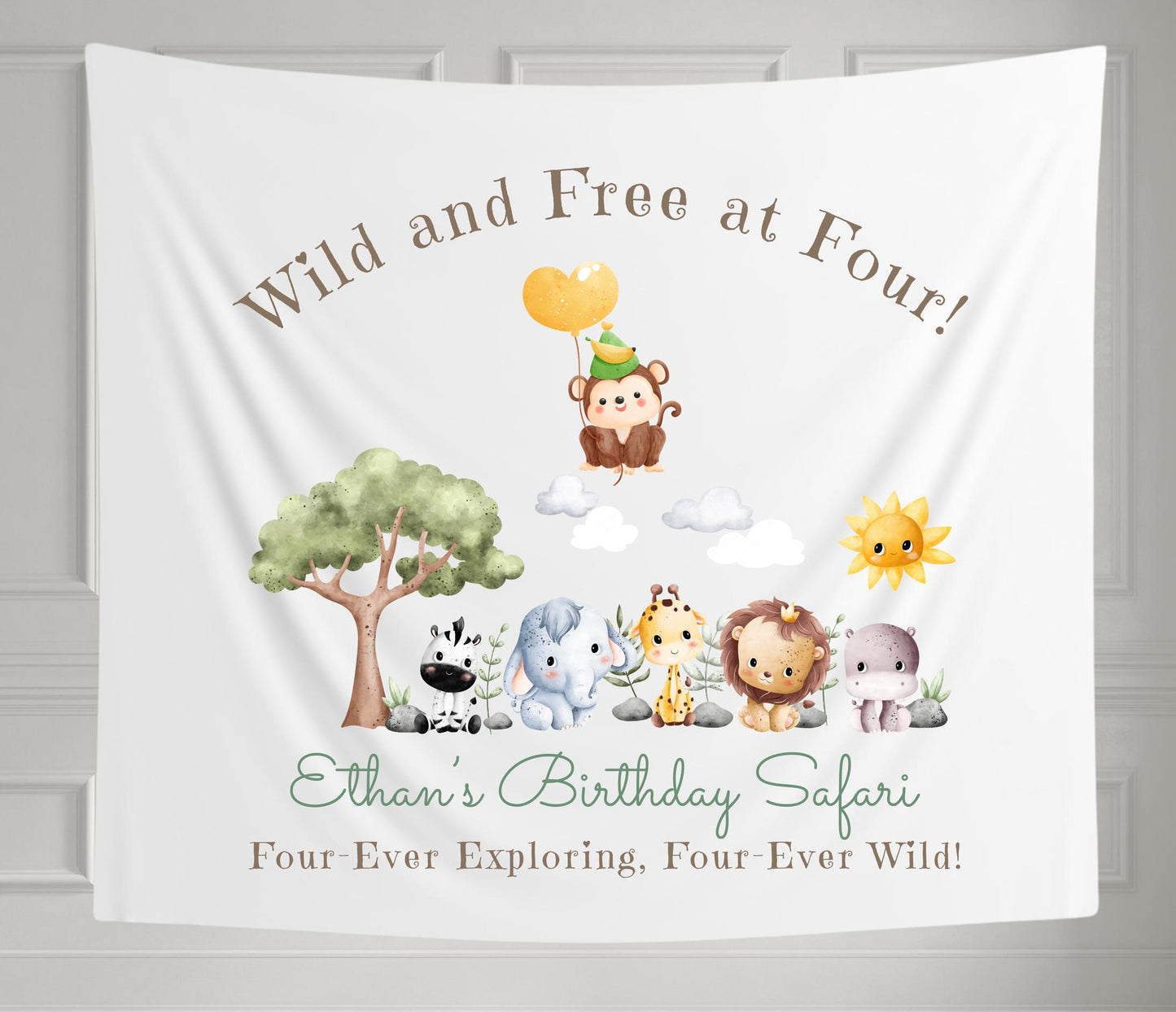 Jungle Safari 4th Birthday Banner | Custom Wild Animal Party Decor | Roaring Four Ever Wild Tapestry | Kids Safari Theme Sign
