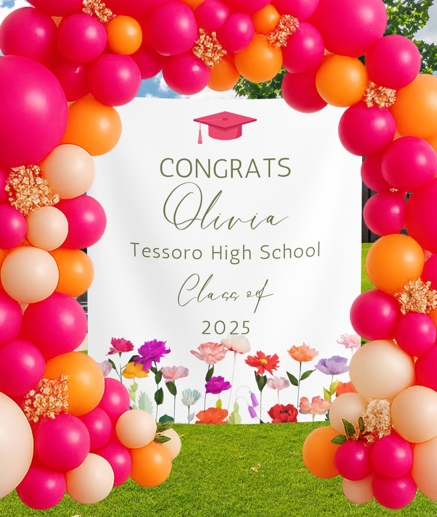 Personalized Graduation Banner with Wildflowers, Custom Class of 2025 Sign, Boho Floral Senior Party Decor, Congrats Grad Backdrop