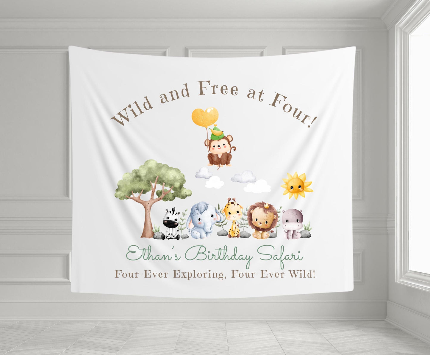 Jungle Safari 4th Birthday Banner | Custom Wild Animal Party Decor | Roaring Four Ever Wild Tapestry | Kids Safari Theme Sign