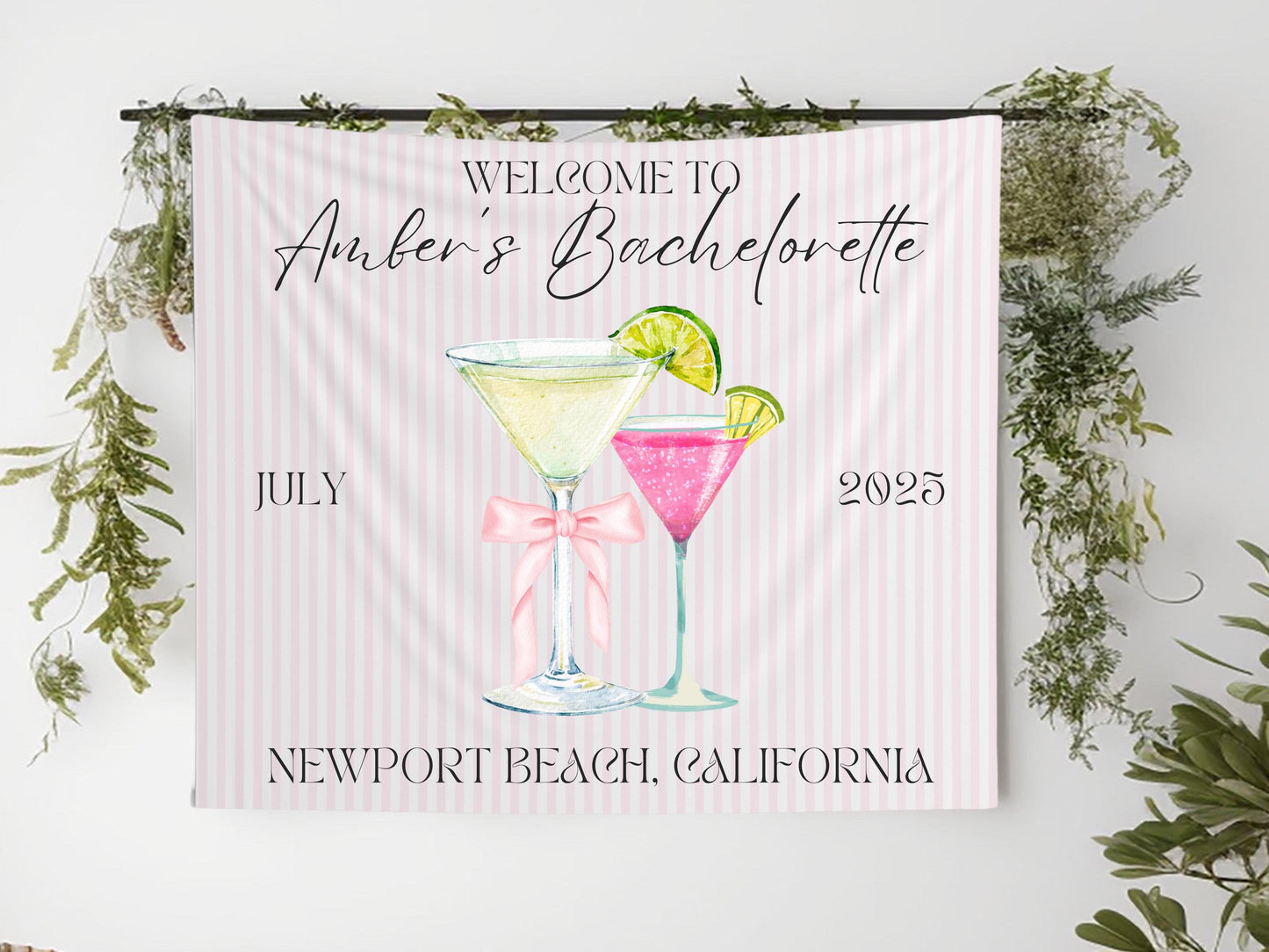 Welcome to Bach Banner, Pink Striped Bachelorette Party Sign, Custom Martini Girls Trip Decor, Elegant Bridal Shower Backdrop