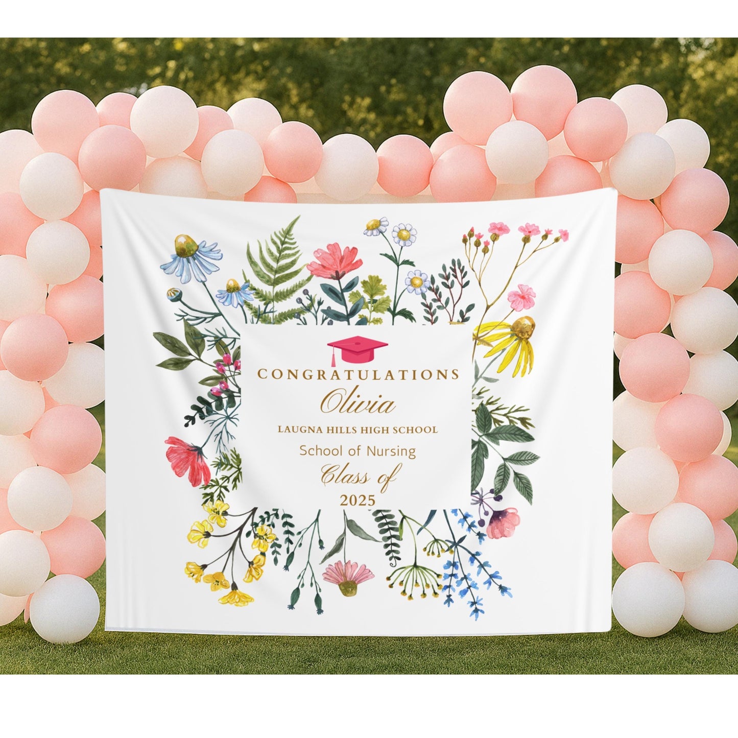 Custom Graduation Banner with Flowers, Personalized Grad Party Backdrop, Class of 2025 School Name Banner, Photo Booth Sign