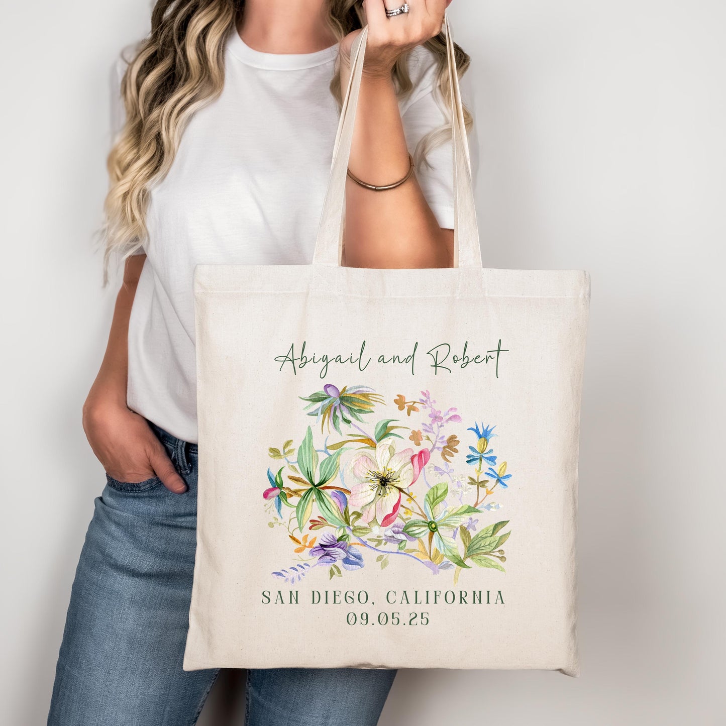 Custom Wedding Tote - Personalized Bridal Party Gift - Destination Wedding Welcome Bag - Elegant Floral Keepsake