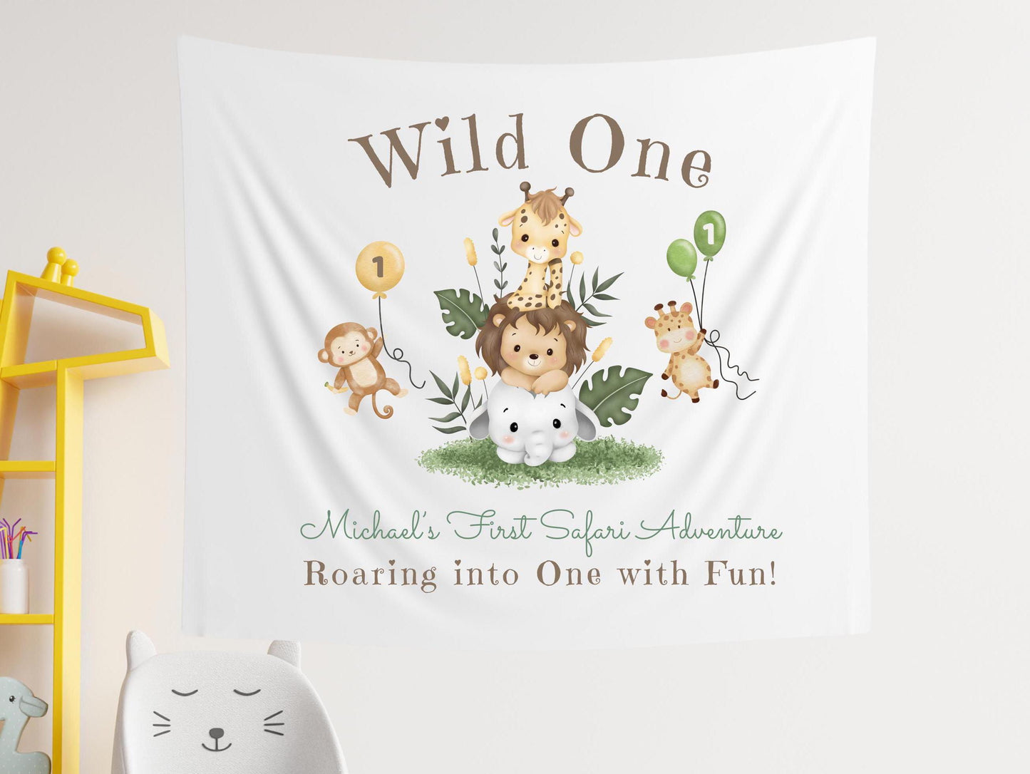 Wild One Safari 1st Birthday Banner | Jungle Animal Party Decor | Custom First Birthday Tapestry | Wild One Theme Sign