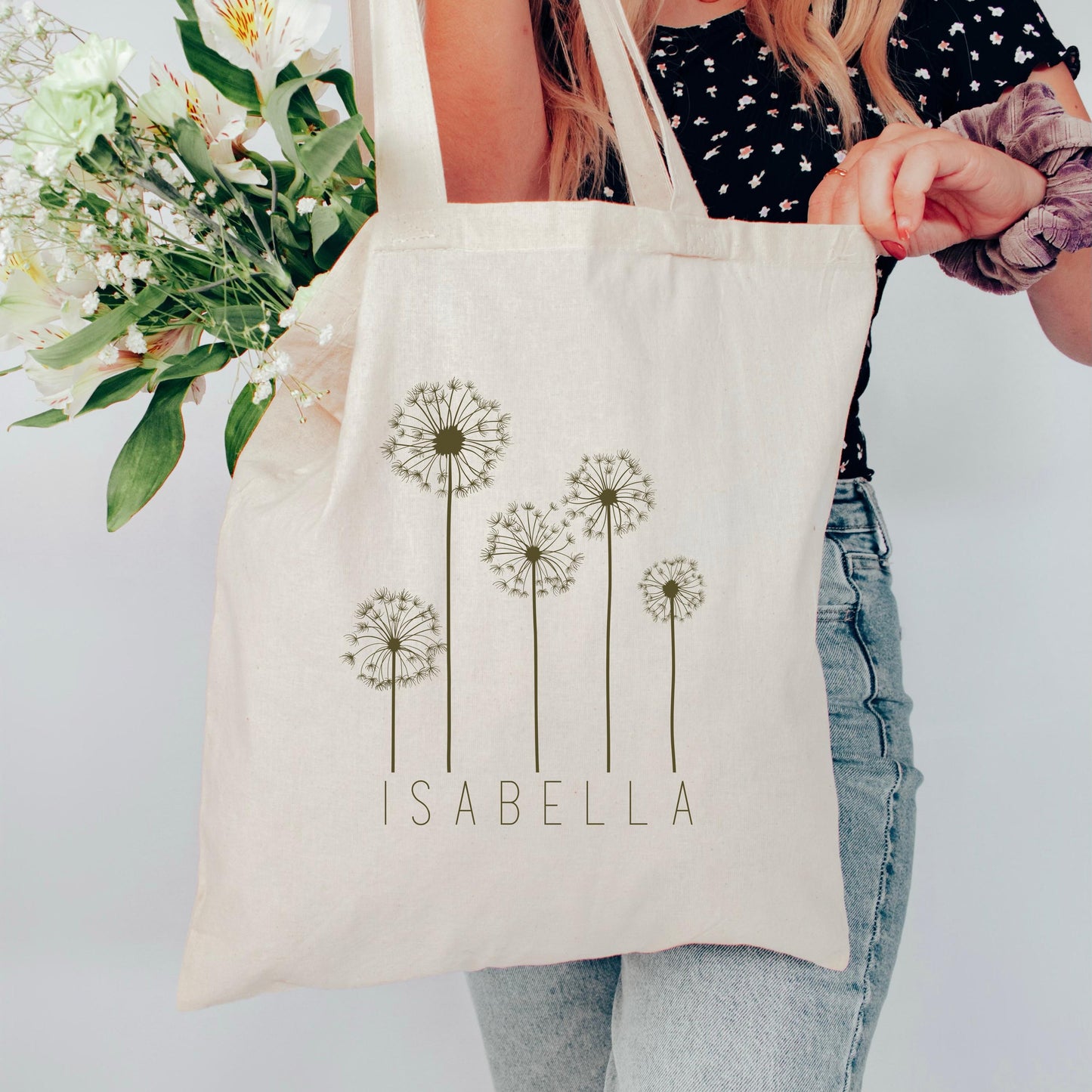 Personalized Dandelion Tote Bag - Custom Name Canvas Tote - Bridesmaid Gift, Wedding Party Favor, Girls Weekend, Mom Gift, Reusable Bag