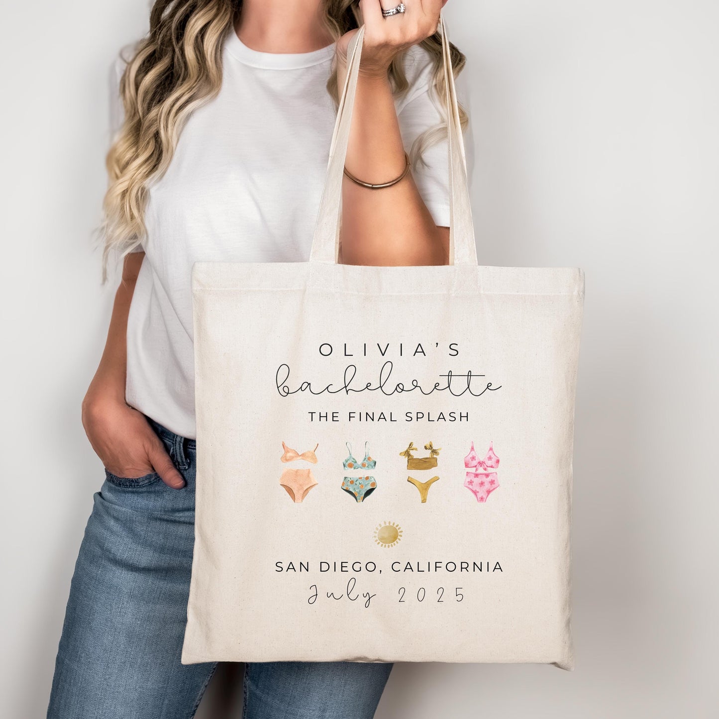 Beach Bachelorette Tote Bag, Pastel Bikini Bridesmaid Gift, Minimalist Bachelorette Favor, Elegant Bride Beach Trip Tote, Custom Name Bag